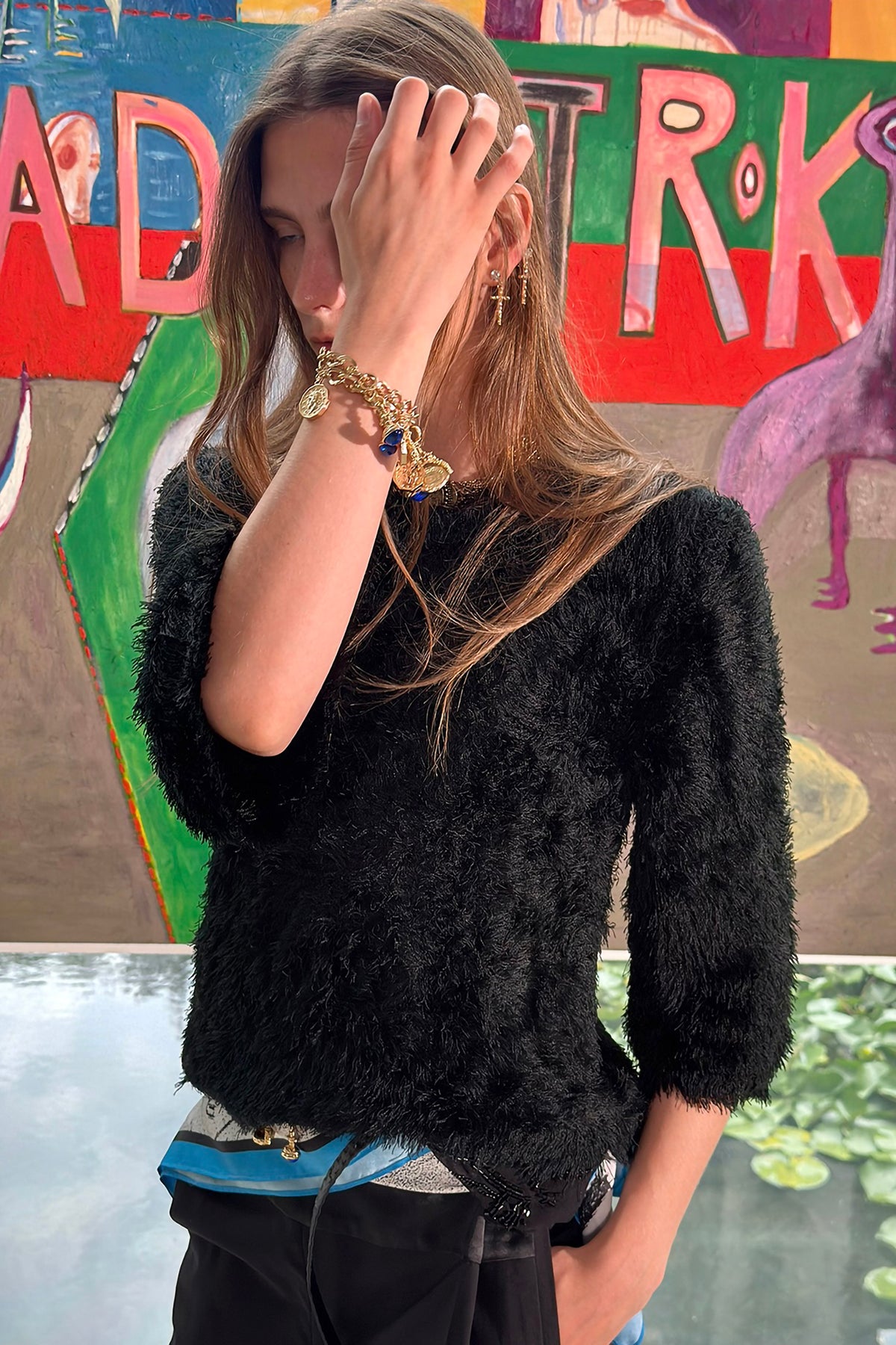 WINGFREE Plush Eyelash-Knit Three-Quarter Sleeve Top