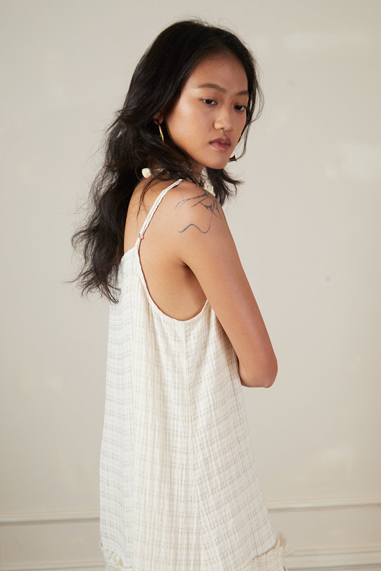 CAIRA Crinkled Frayed Seam Drop-Waist Maxi Dress