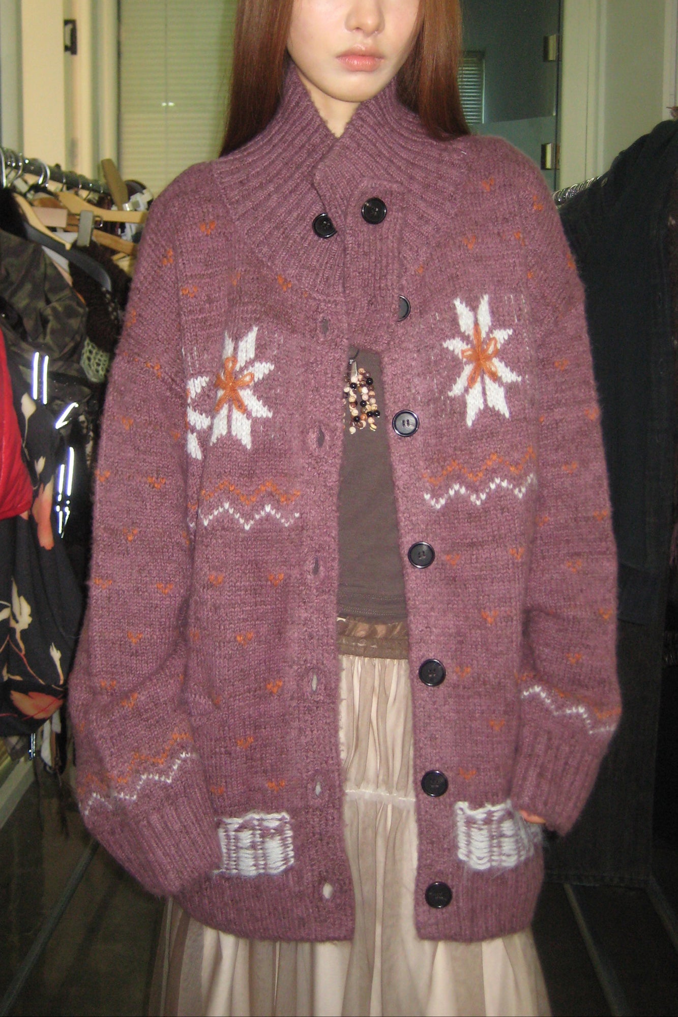 NEVERSEEZ Floral Jacquard Merino Wool-Blend Cardigan