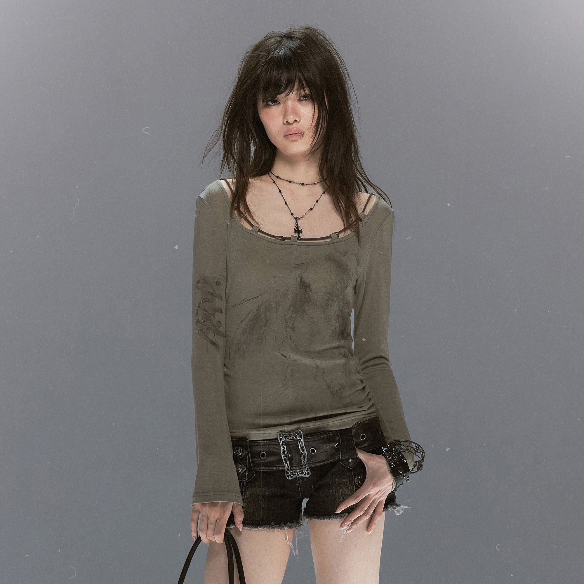 CESTNOUS Graphic Lace-Trim Tencel Long-Sleeve Tee