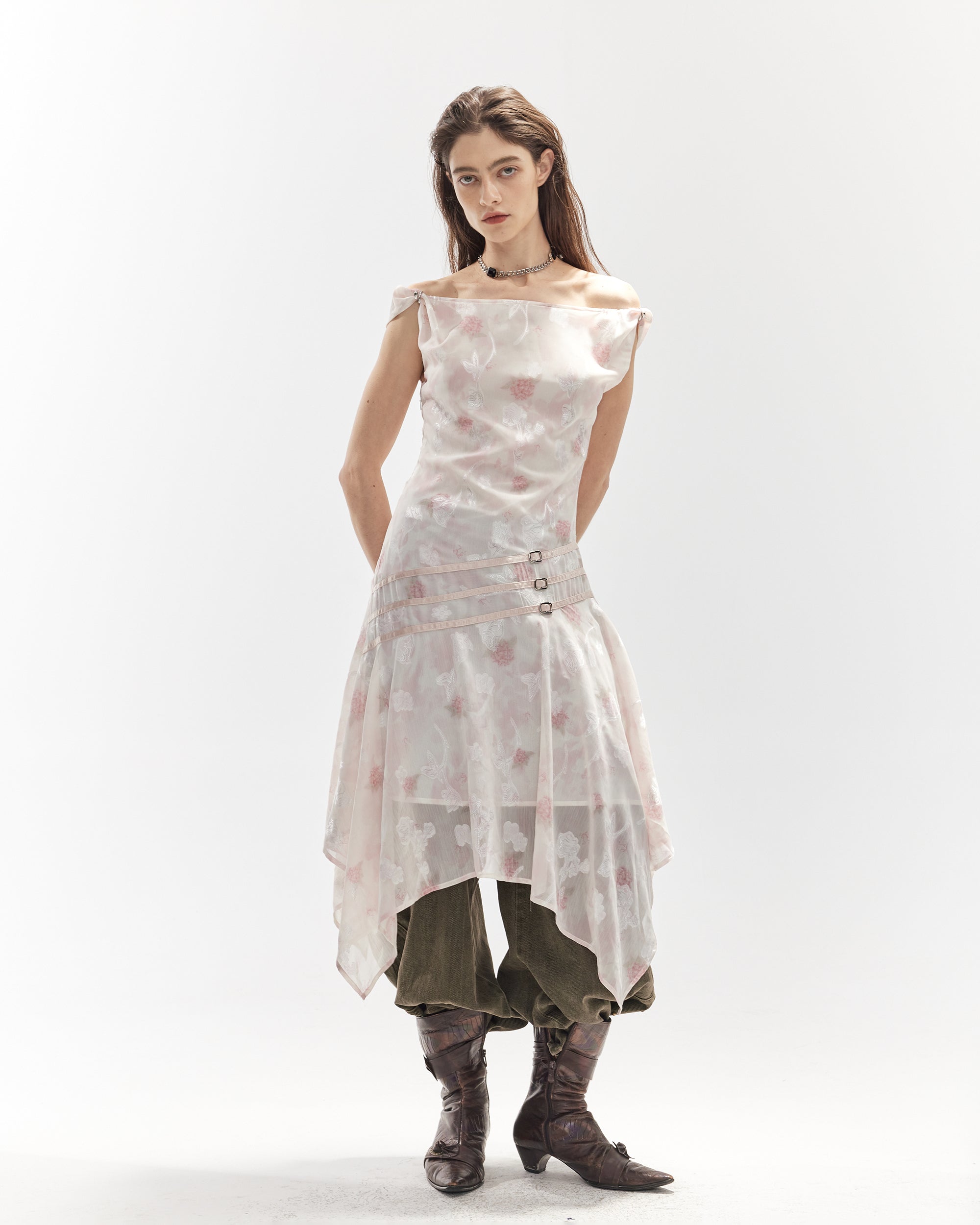 JIUWU PARK Floral Chiffon Asymmetrical Hem Dress