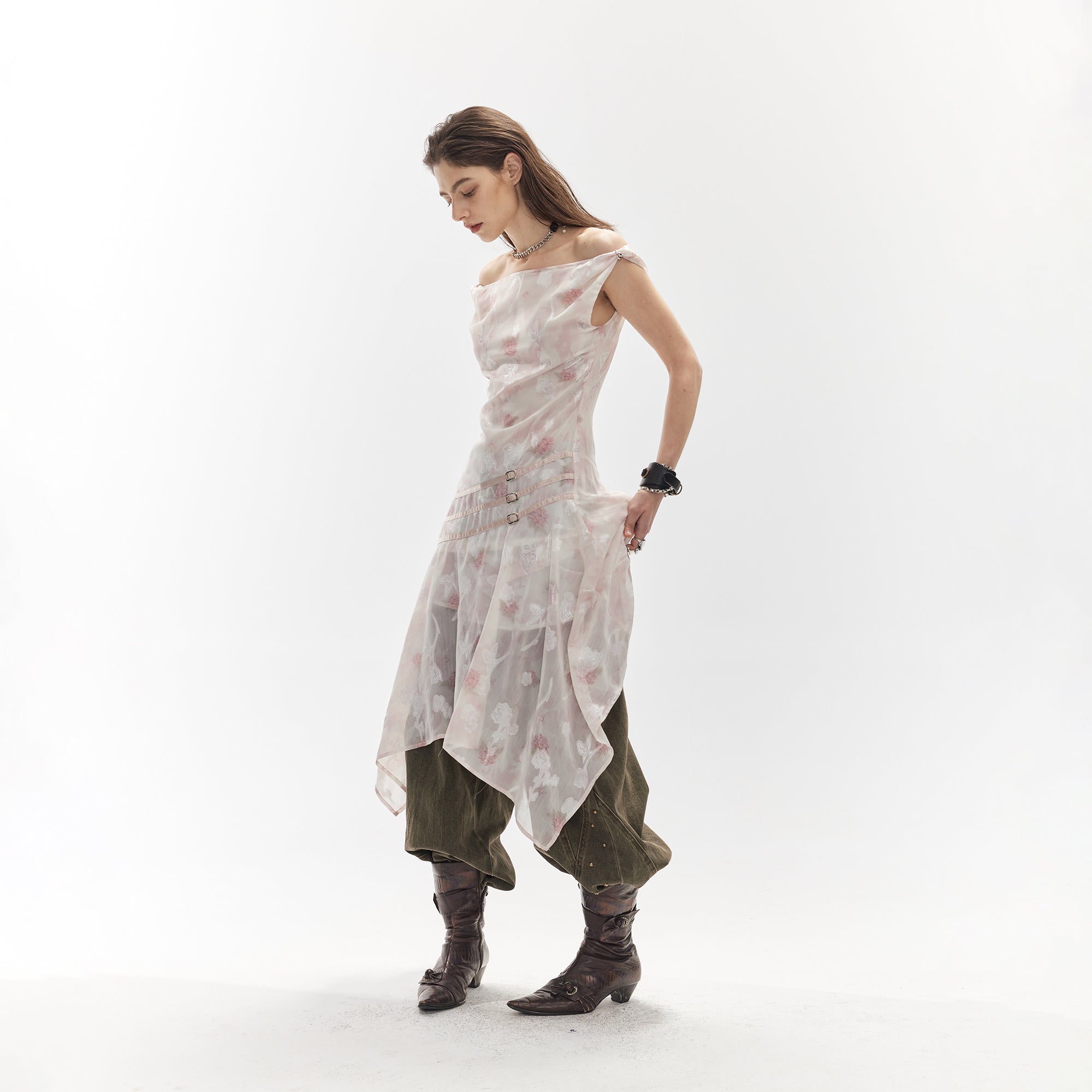 JIUWU PARK Floral Chiffon Asymmetrical Hem Dress