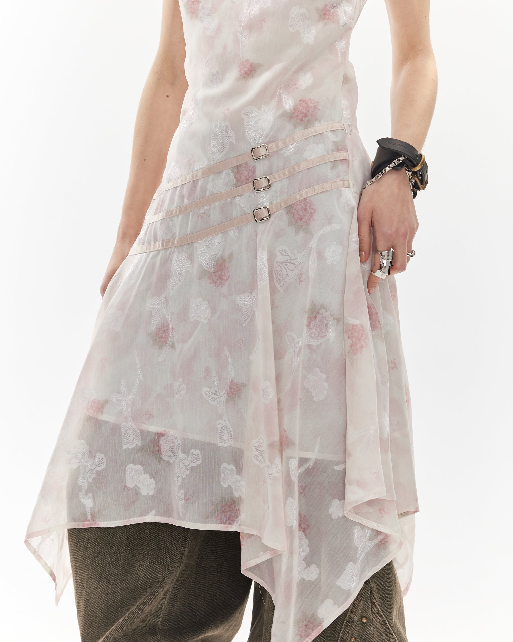 JIUWU PARK Floral Chiffon Asymmetrical Hem Dress