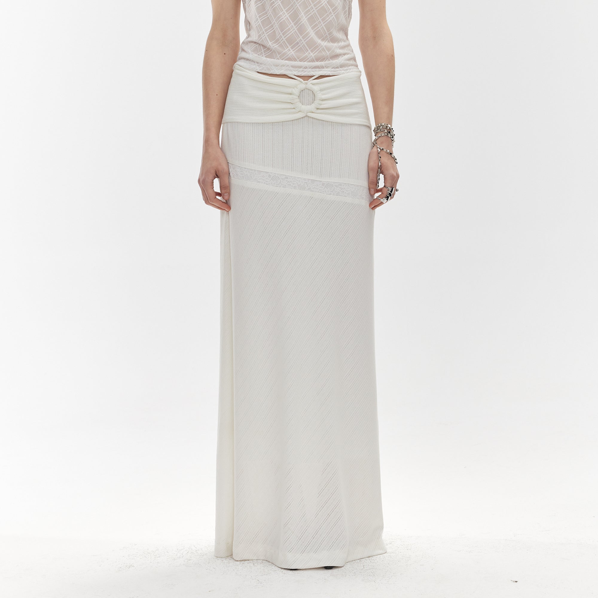 JIUWU PARK Drawstring Waist Lace-Insert Maxi Skirt