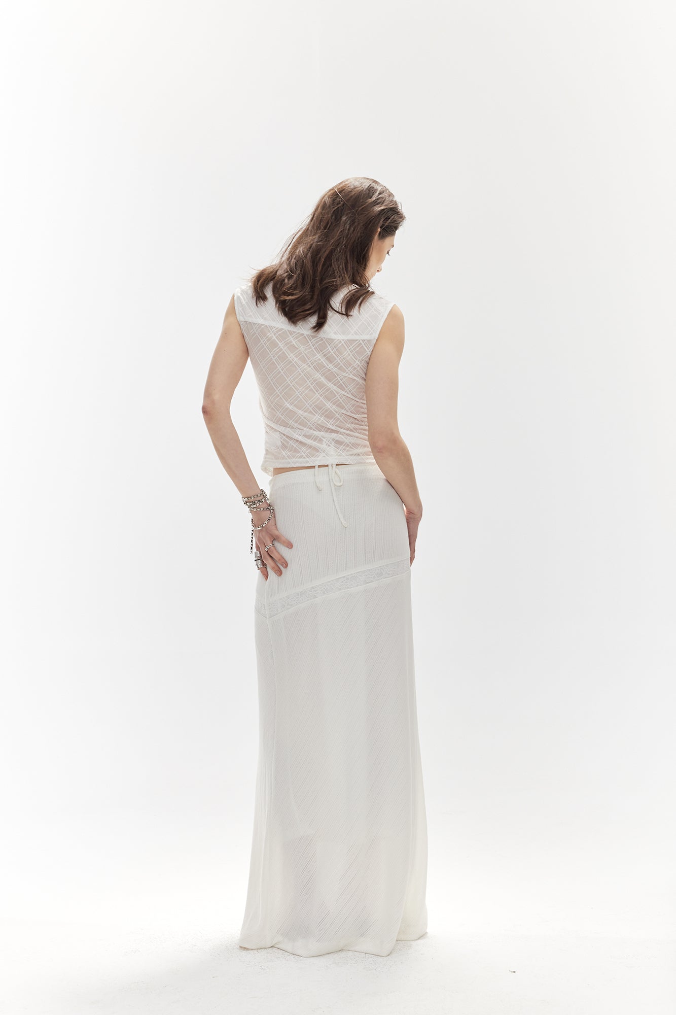 JIUWU PARK Drawstring Waist Lace-Insert Maxi Skirt