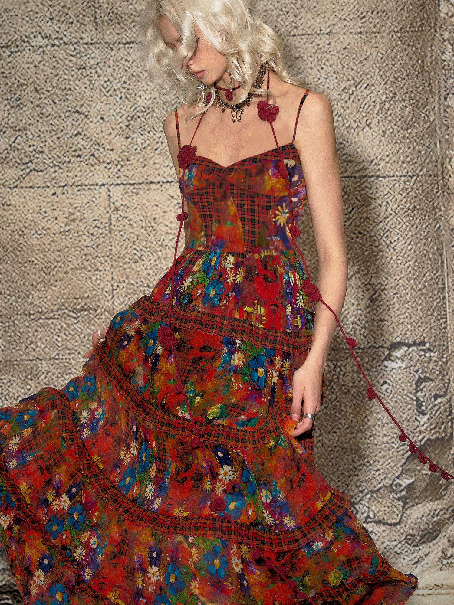THE NEVERMORE Floral Plaid Tiered Maxi Dress