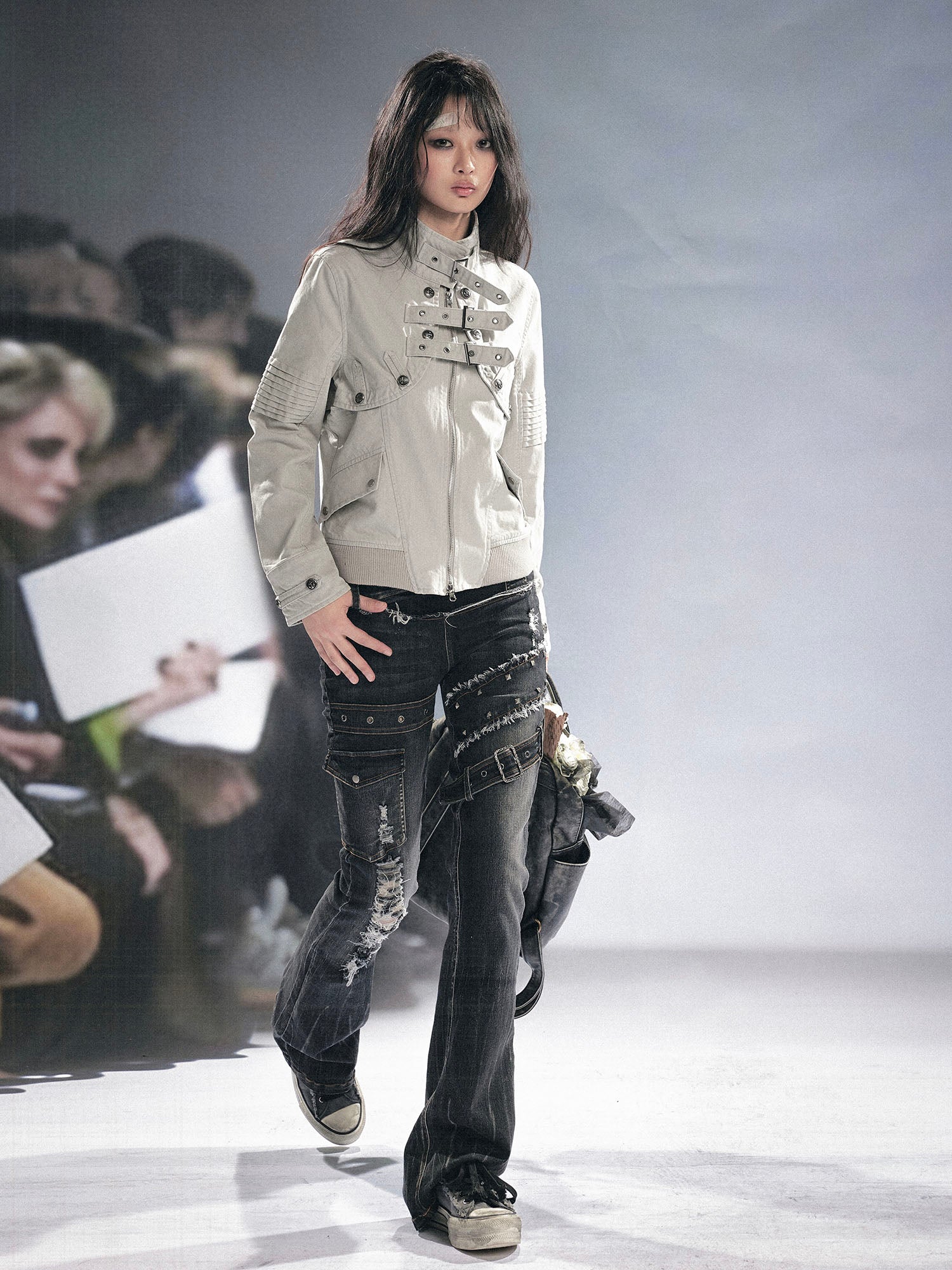 CESTNOUS Detachable Buckle-Strap Lace-Up Back Jacket