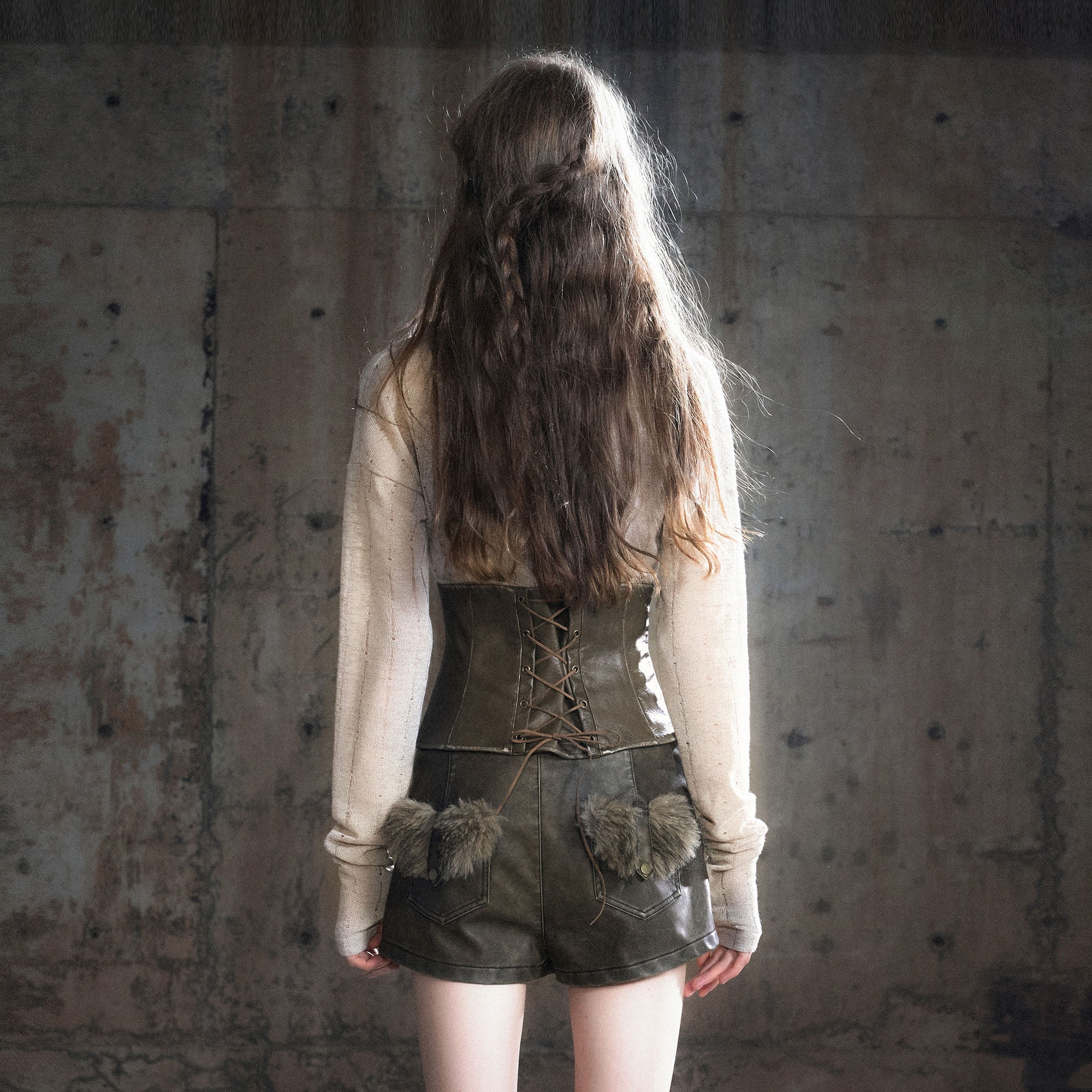 CESTNOUS Faux Leather Corset Draped Knit Top