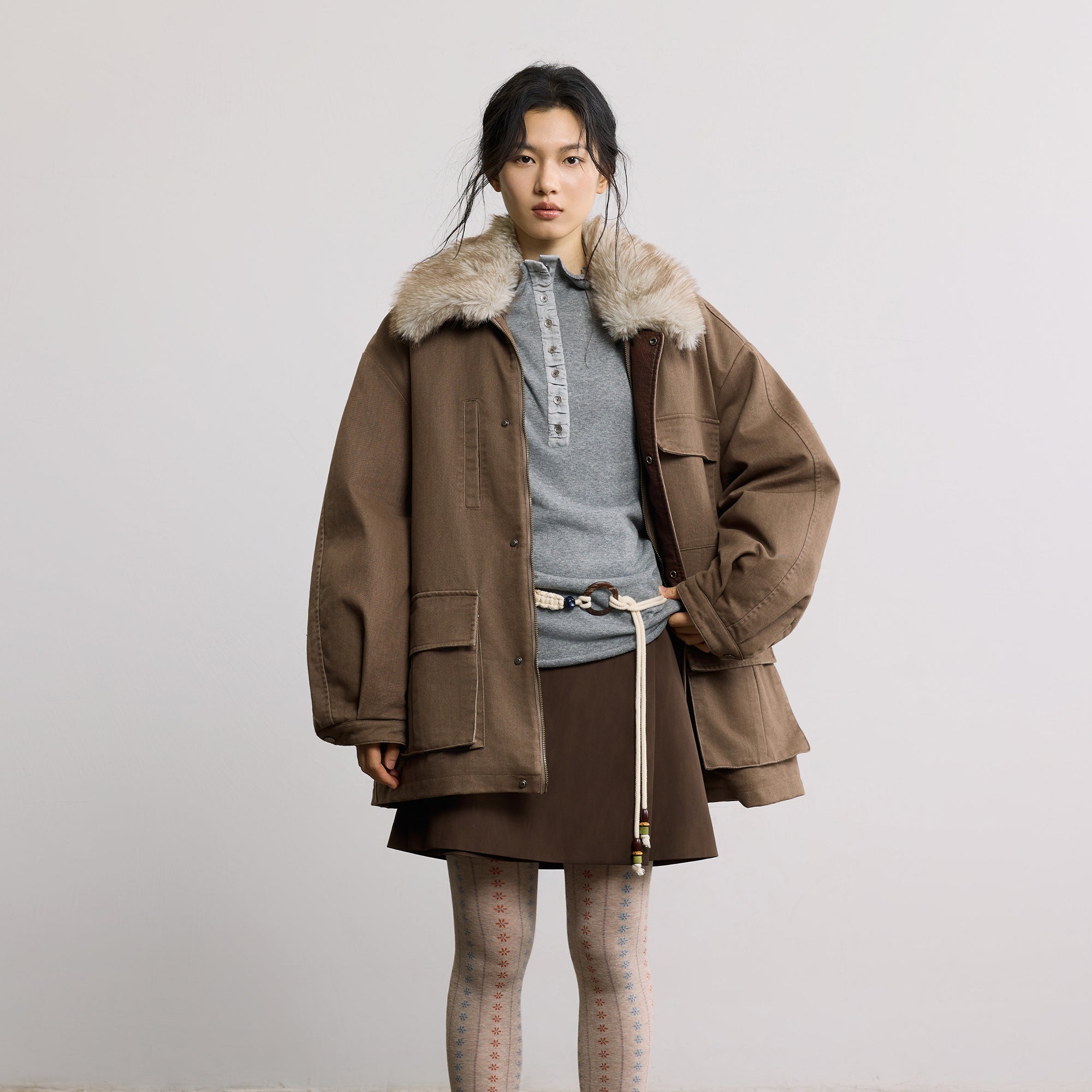 SAME FLOW Faux Fur Collar Oversized Utility Jacket