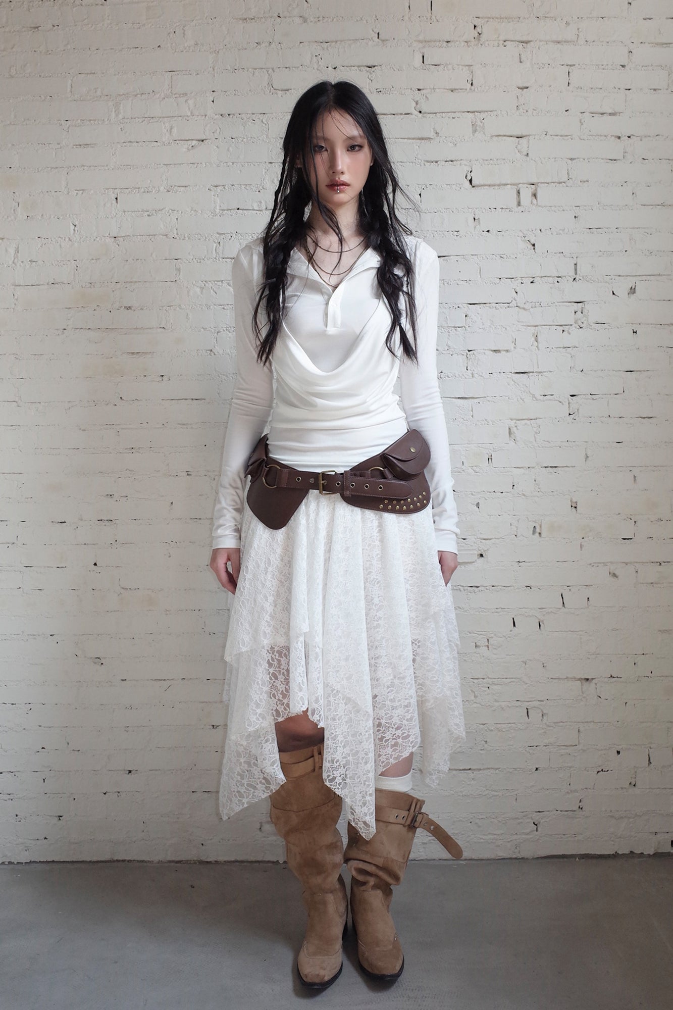 RIDK Layered Cowl Collar Lace Hooded Top