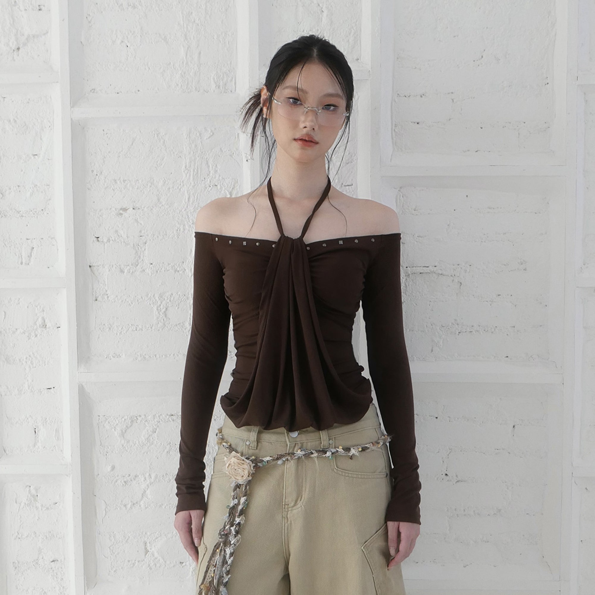 RIDK Off-Shoulder Studded Halter Drape Top
