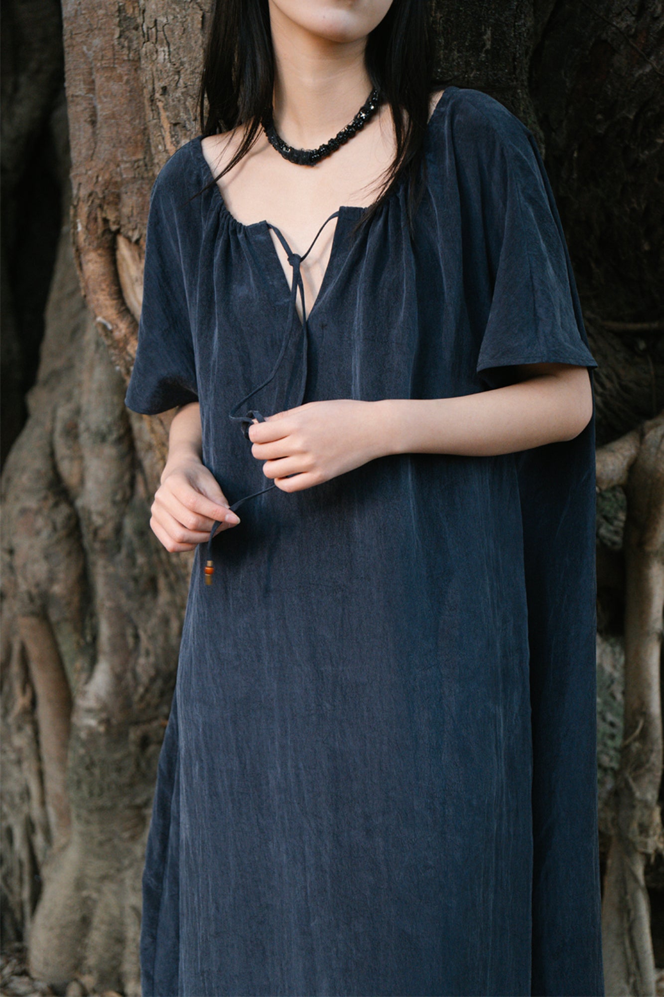 CAIRA Washed Drawstring Neck Maxi Dress