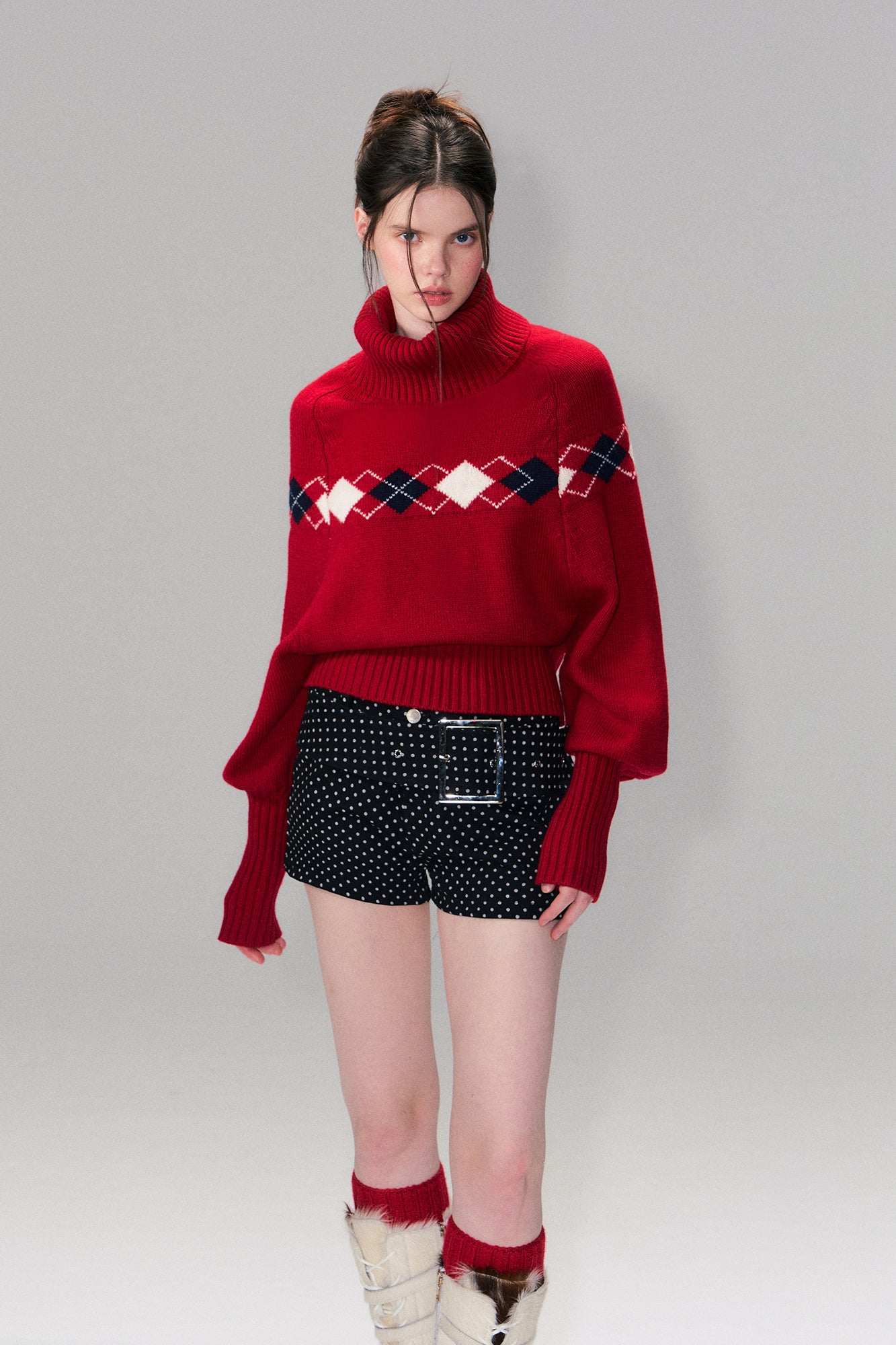 THE NEVERMORE Argyle Ribbed Balloon Sleeve Sweater