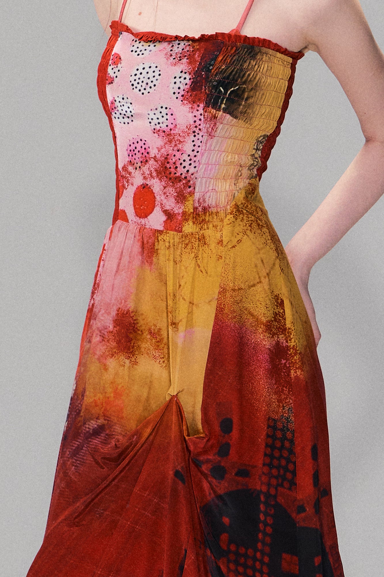 THE NEVERMORE Asymmetric Shirred Spliced Maxi Dress