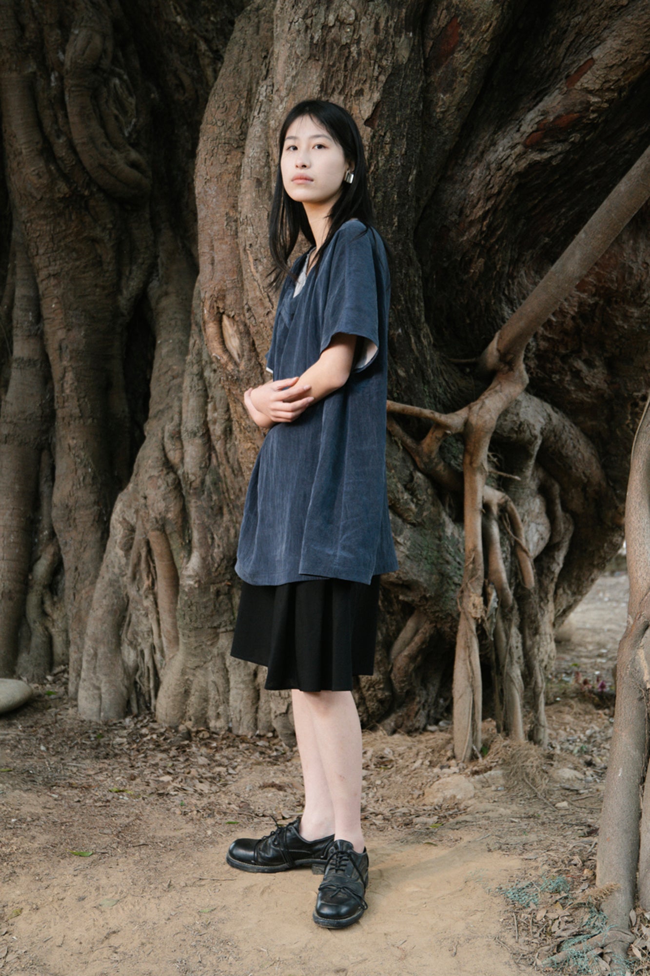 CAIRA Washed Drawstring Neck T-Shirt