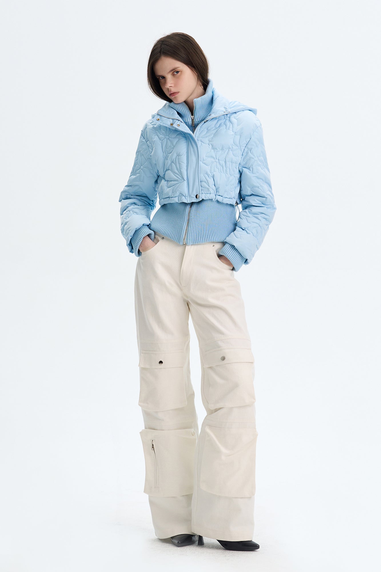 THE NEVERMORE Floral Quilted Mock-Layered Cropped Down Jacket