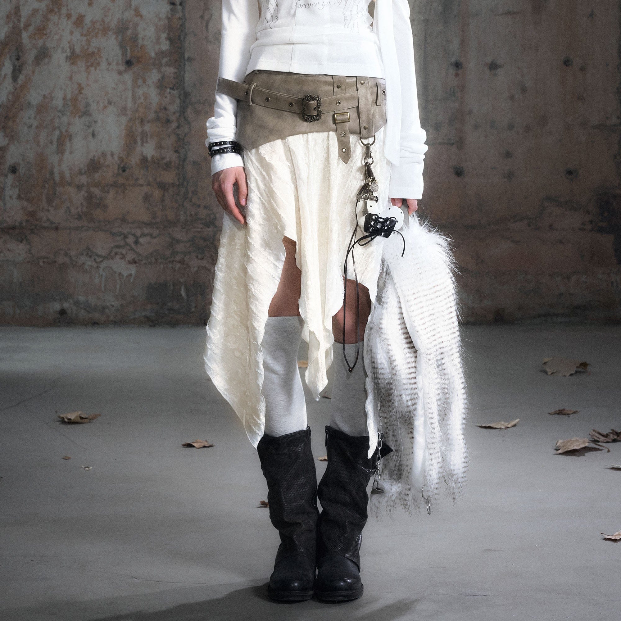 CESTNOUS Asymmetrical Belted Faux Leather Waist Skirt