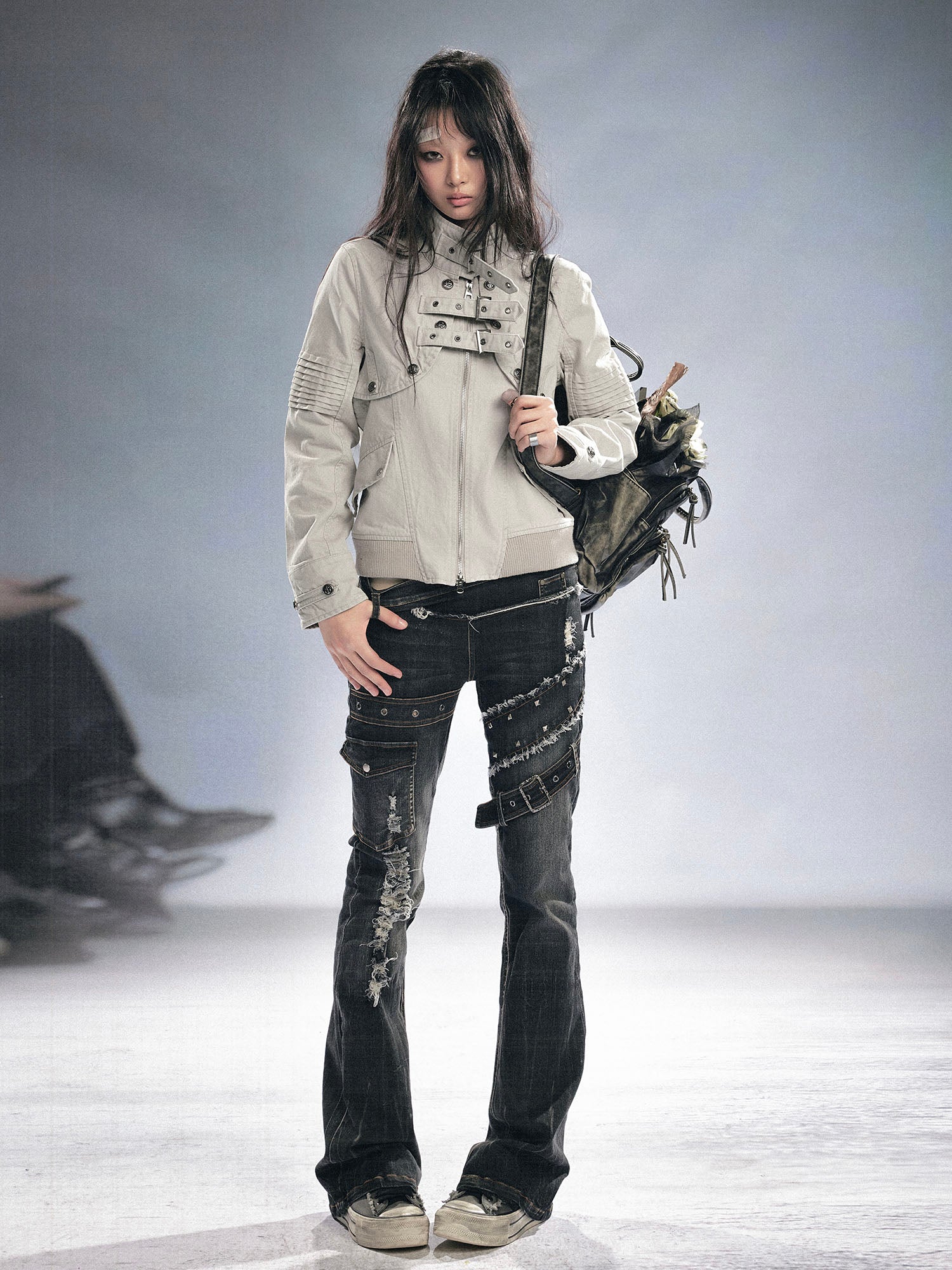 CESTNOUS Detachable Buckle-Strap Lace-Up Back Jacket