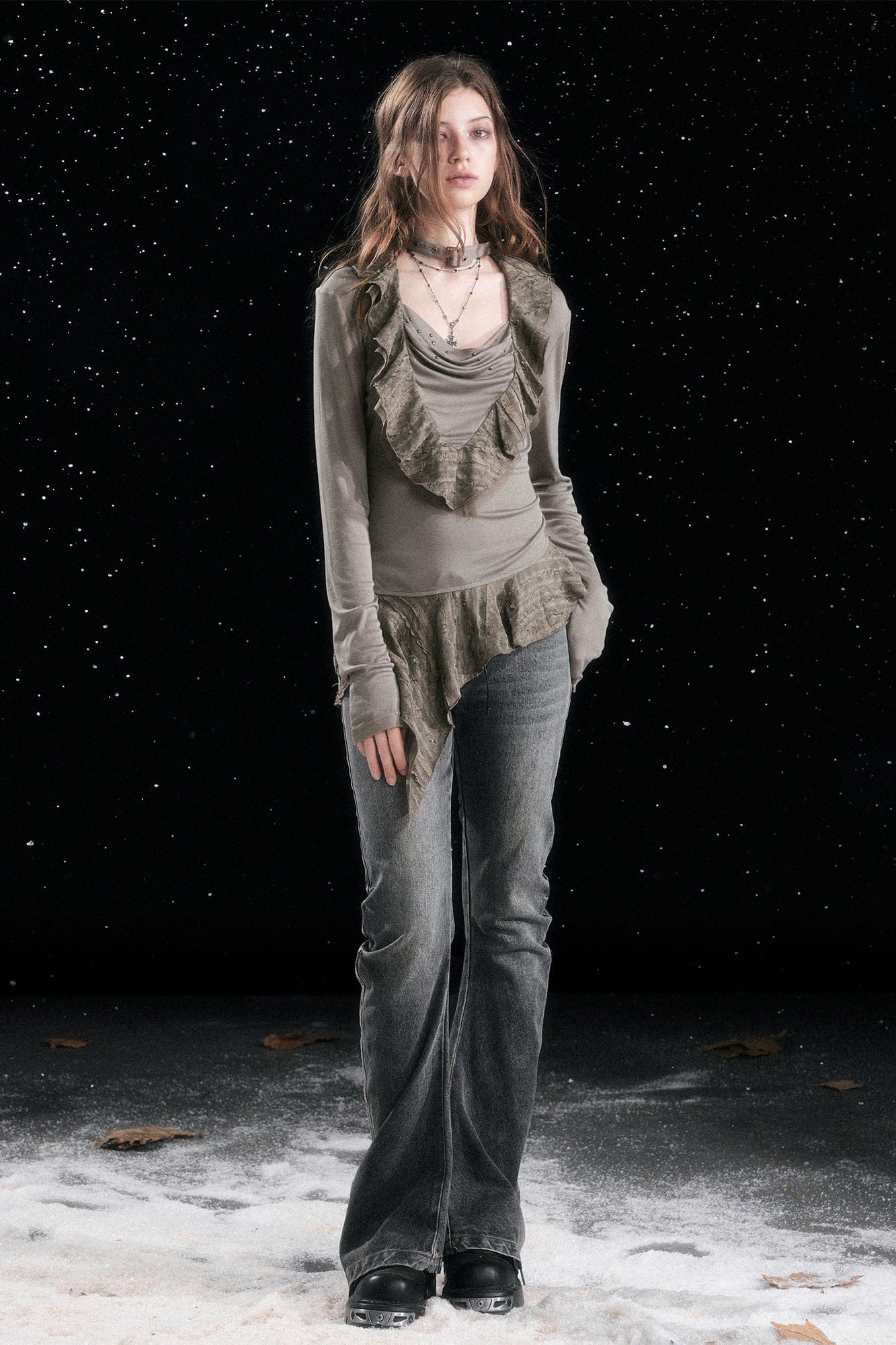 CESTNOUS Studded Ruffled Paneled Top