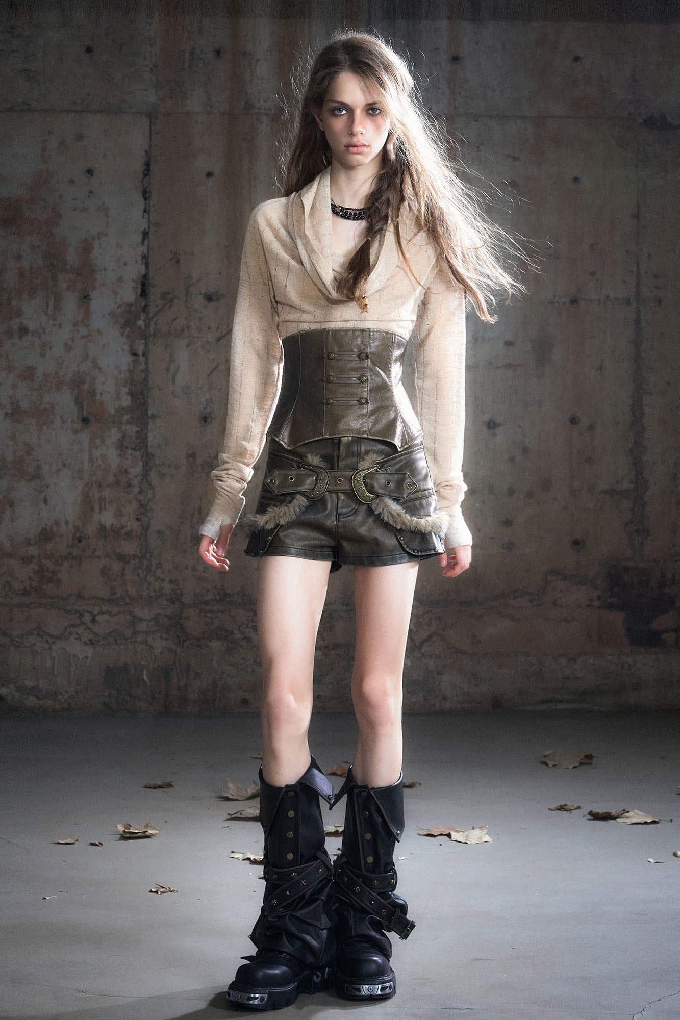 CESTNOUS Faux Leather Corset Draped Knit Top