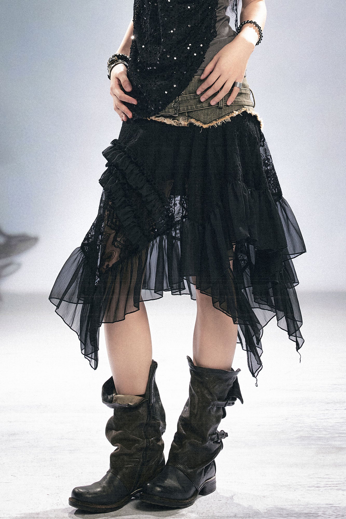 CESTNOUS Denim Belt-Waist Lace Ruffle Asym Skirt