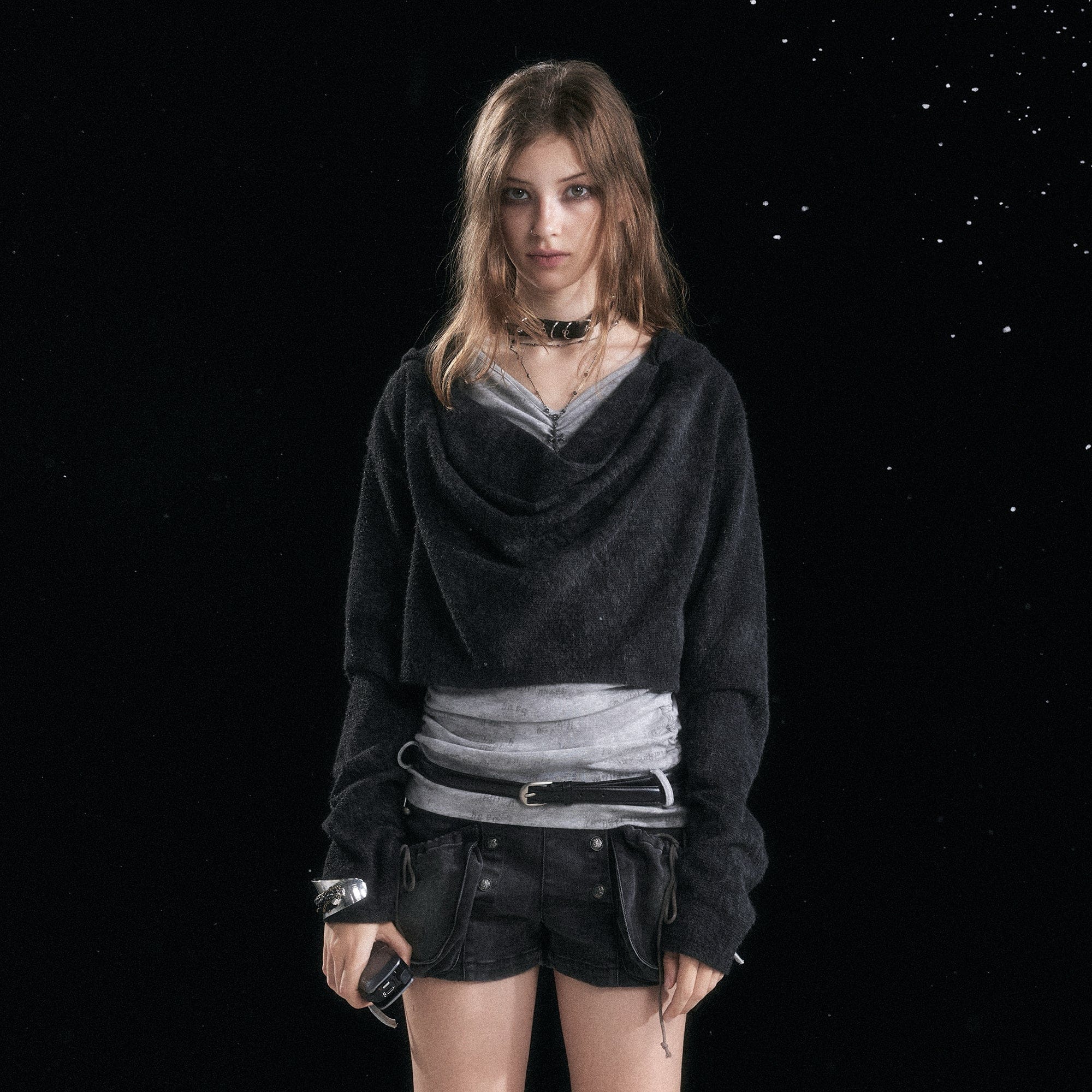 CESTNOUS Distressed Drape Layered Hooded Long-Sleeve Tee