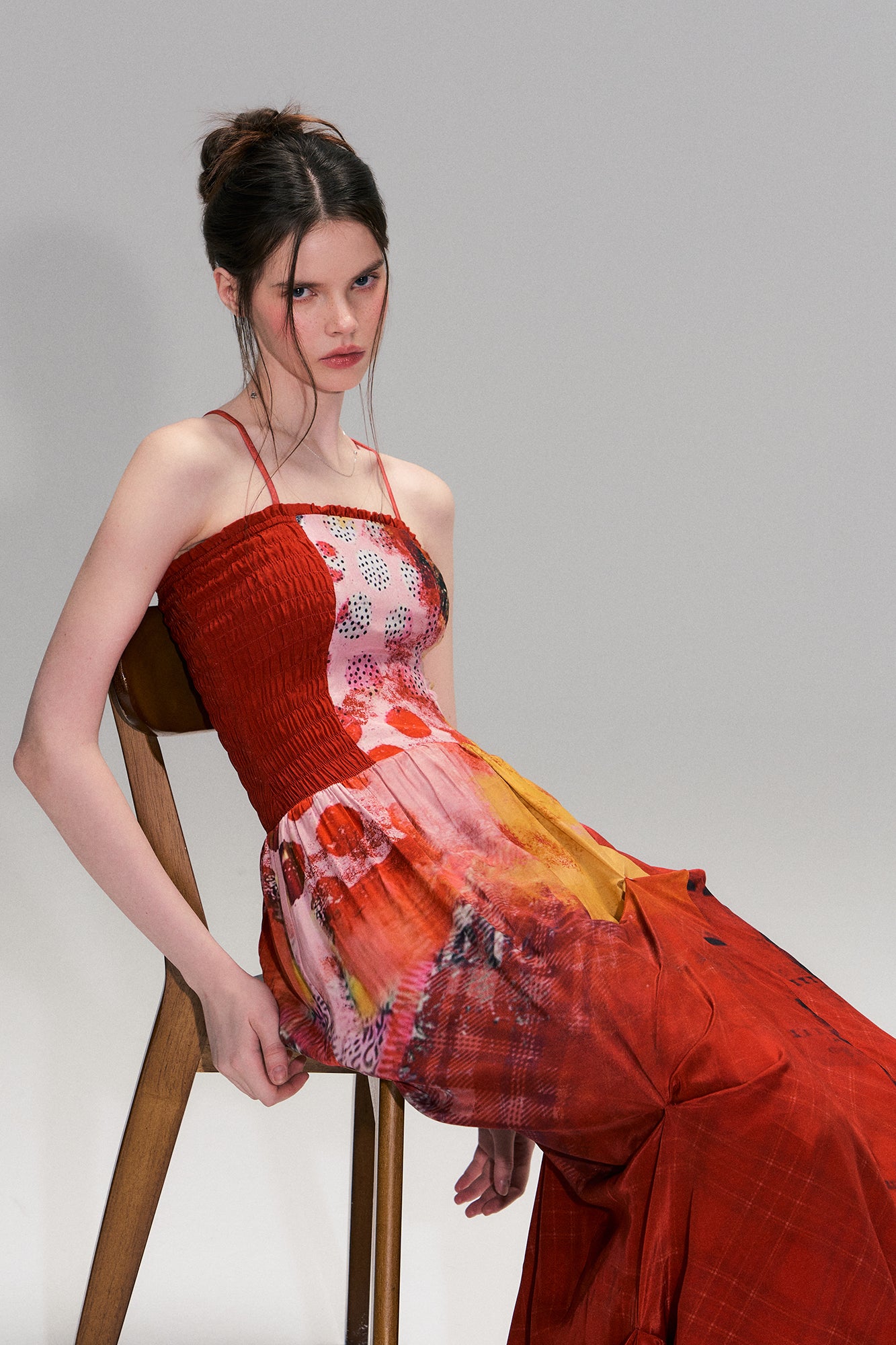 THE NEVERMORE Asymmetric Shirred Spliced Maxi Dress