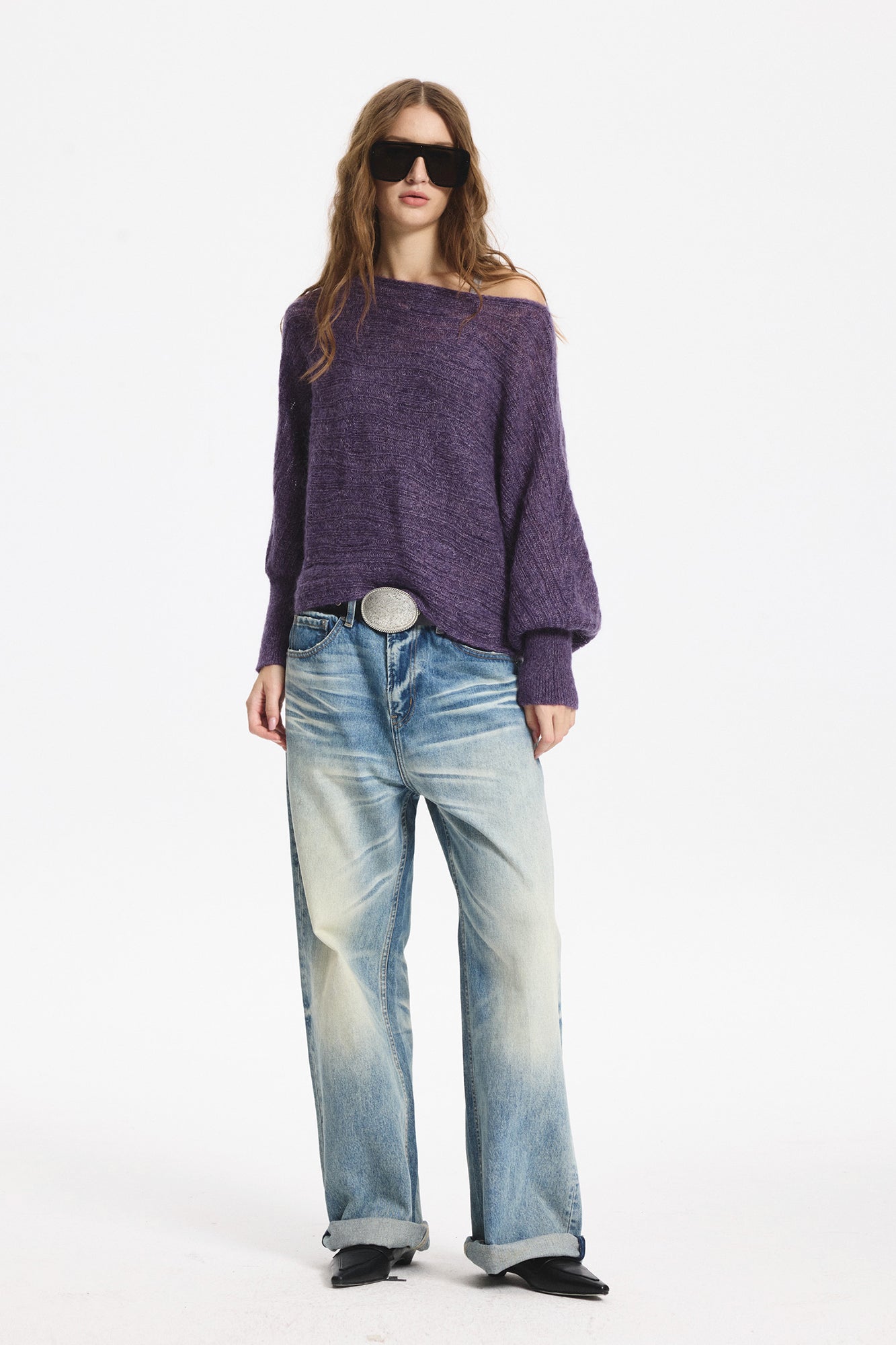 LEONSENSE Sheer One-Shoulder Slouchy Sweater