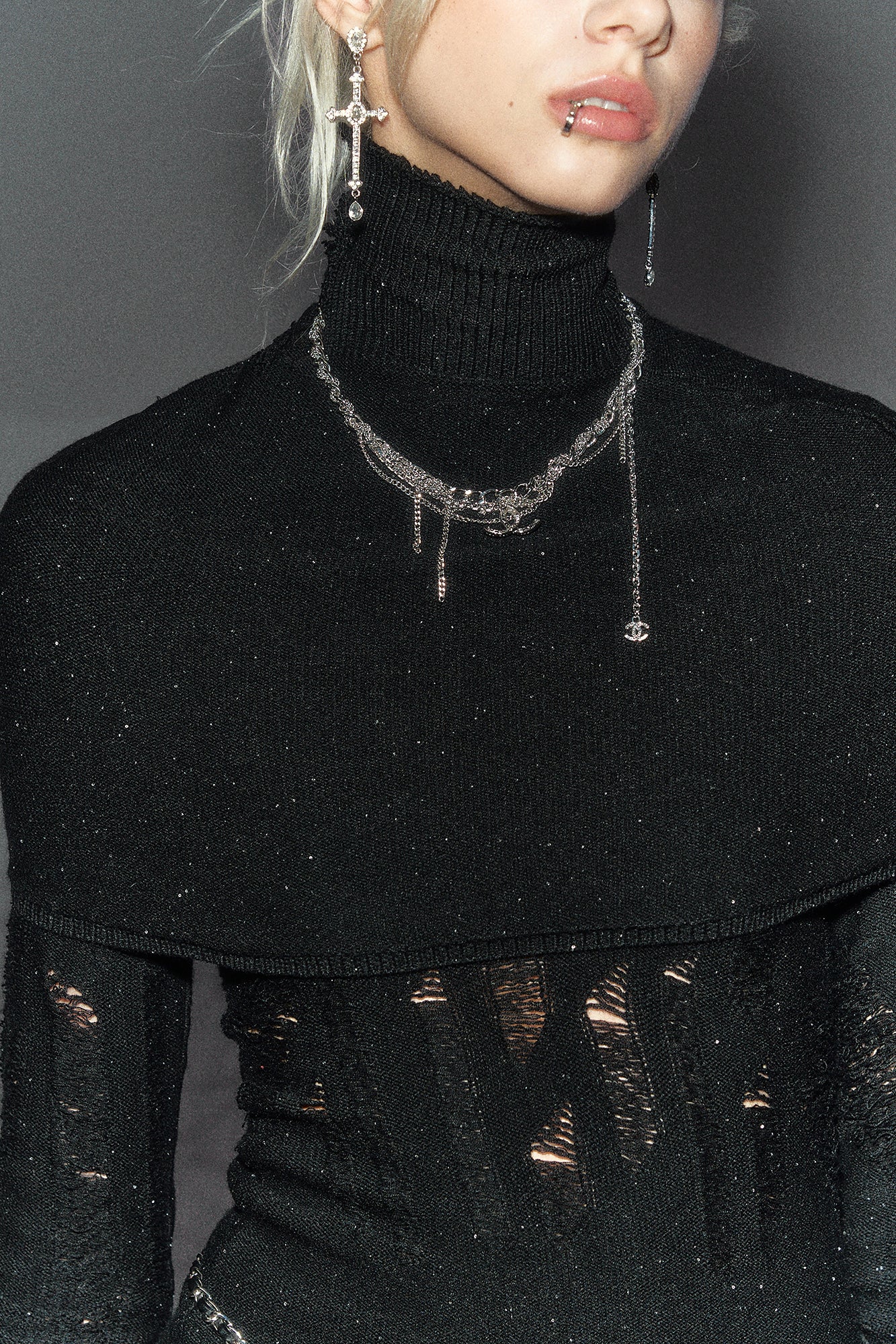 THE NEVERMORE Distressed Deep-V Knit Maxi Dress