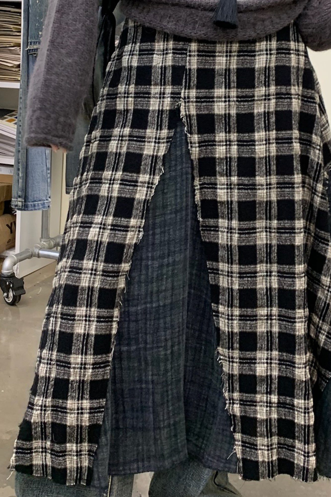 NEVERSEEZ Raw-Edge Plaid Panel Midi Skirt