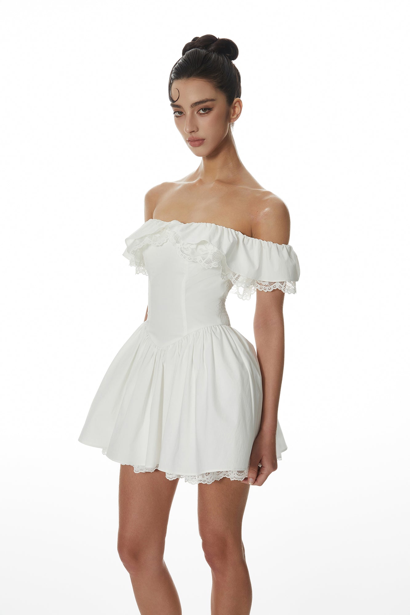 MILLIONLOTUS Lace-Trim Off-Shoulder Corset Mini Dress