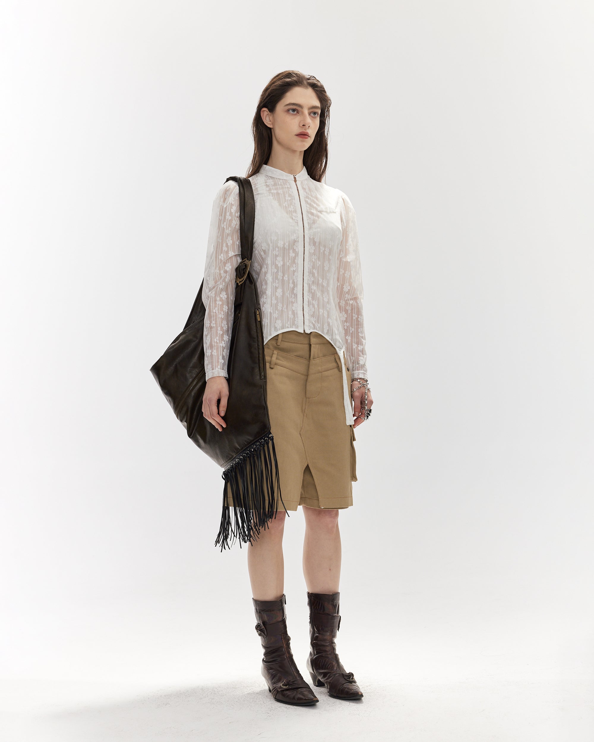 JIUWU PARK Lace Puff Sleeve Fitted Cardigan