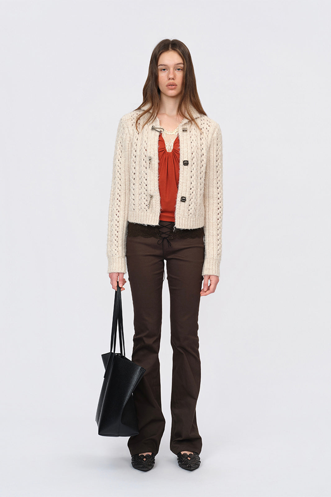 DOTYEARS Open-Knit Mock-Neck Cardigan