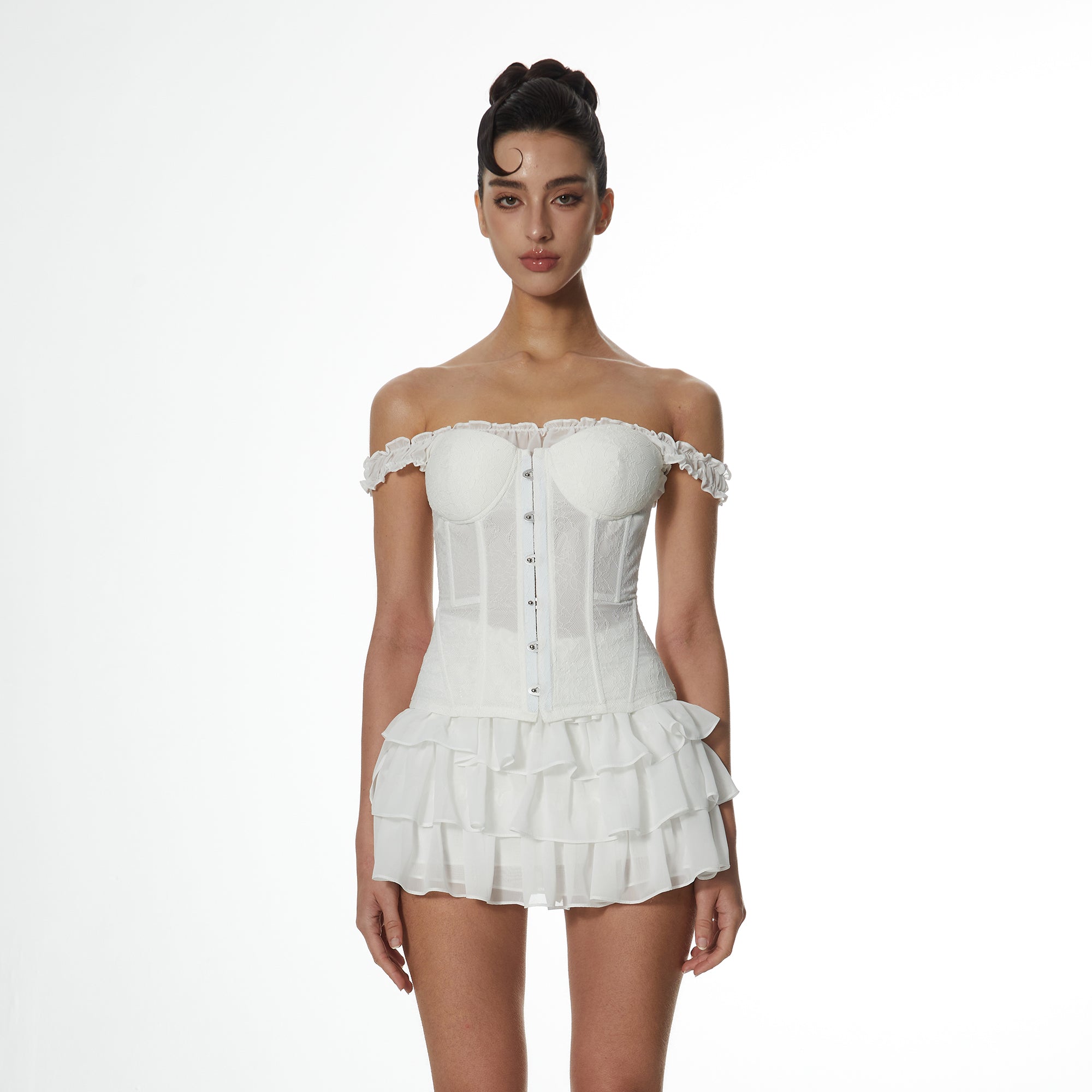 MILLIONLOTUS Ruffle Off-Shoulder Corset Top & Mini Skirt Set