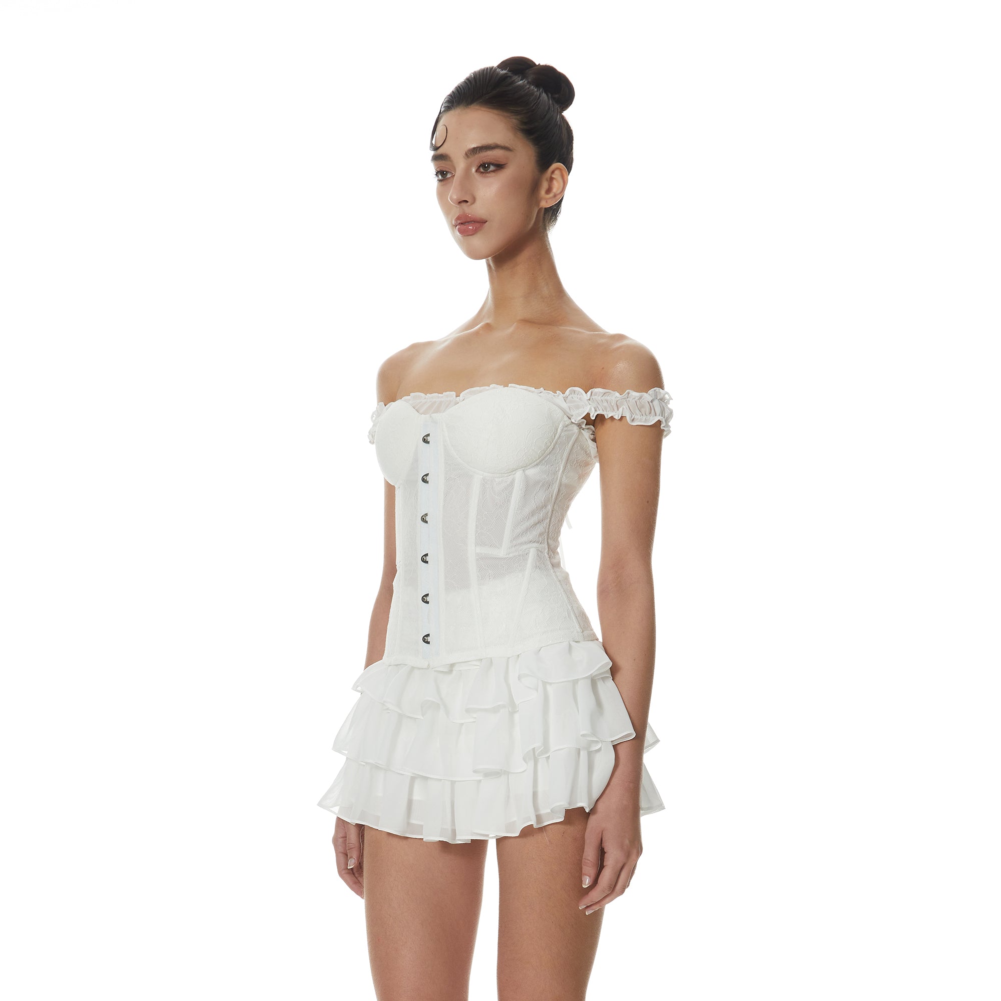 MILLIONLOTUS Ruffle Off-Shoulder Corset Top & Mini Skirt Set