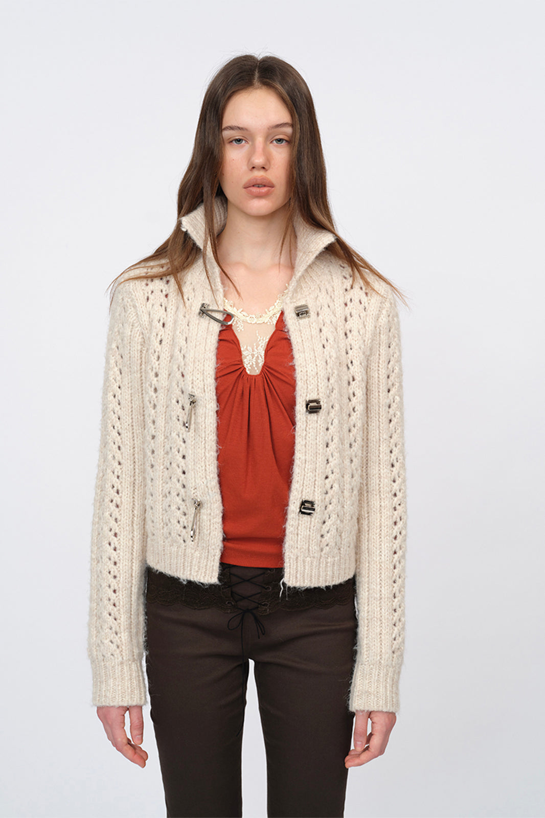 DOTYEARS Open-Knit Mock-Neck Cardigan