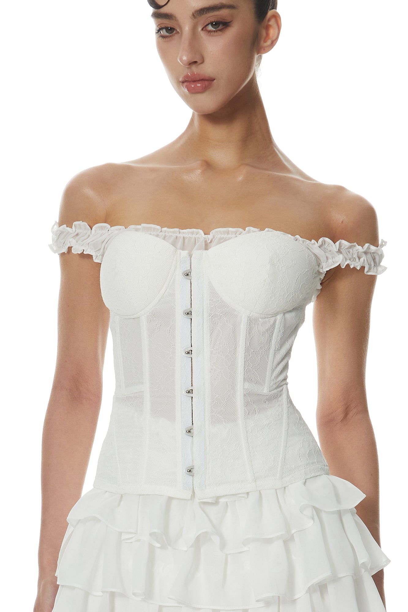 MILLIONLOTUS Ruffle Off-Shoulder Corset Top & Mini Skirt Set
