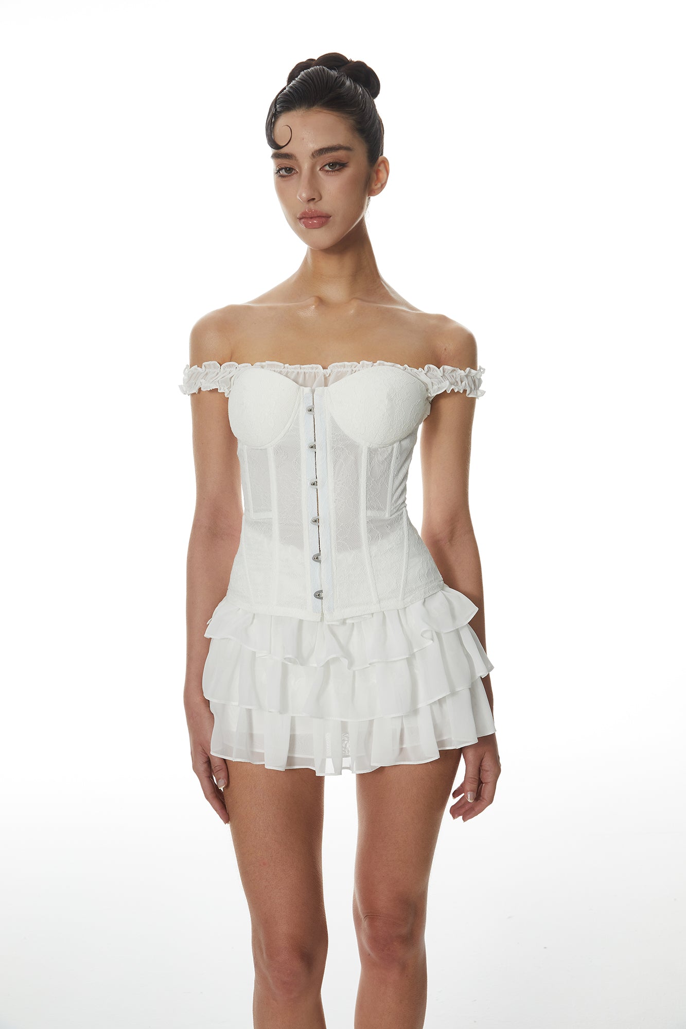 MILLIONLOTUS Ruffle Off-Shoulder Corset Top & Mini Skirt Set
