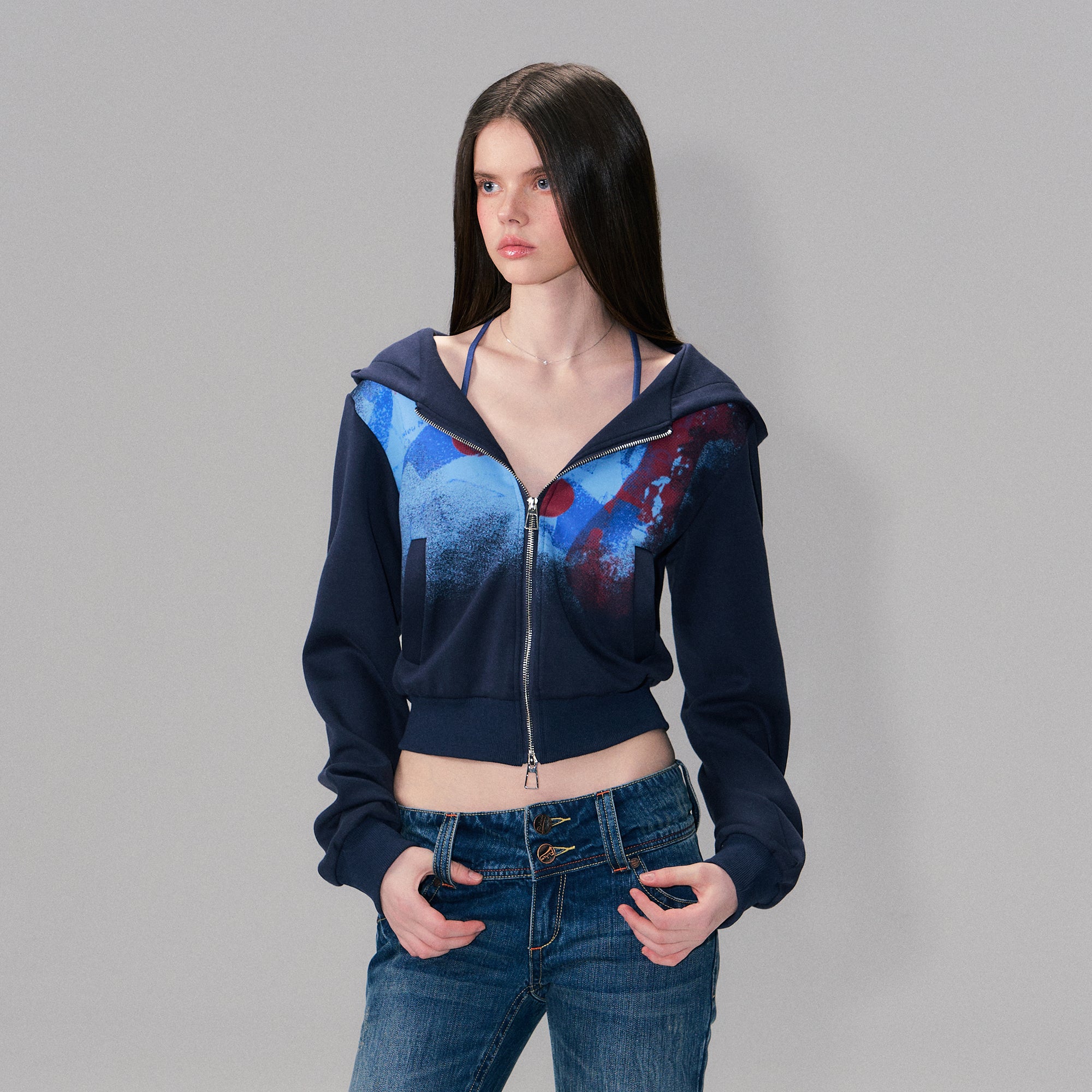 THE NEVERMORE Graffiti Ribbed Hem Cropped Hoodie