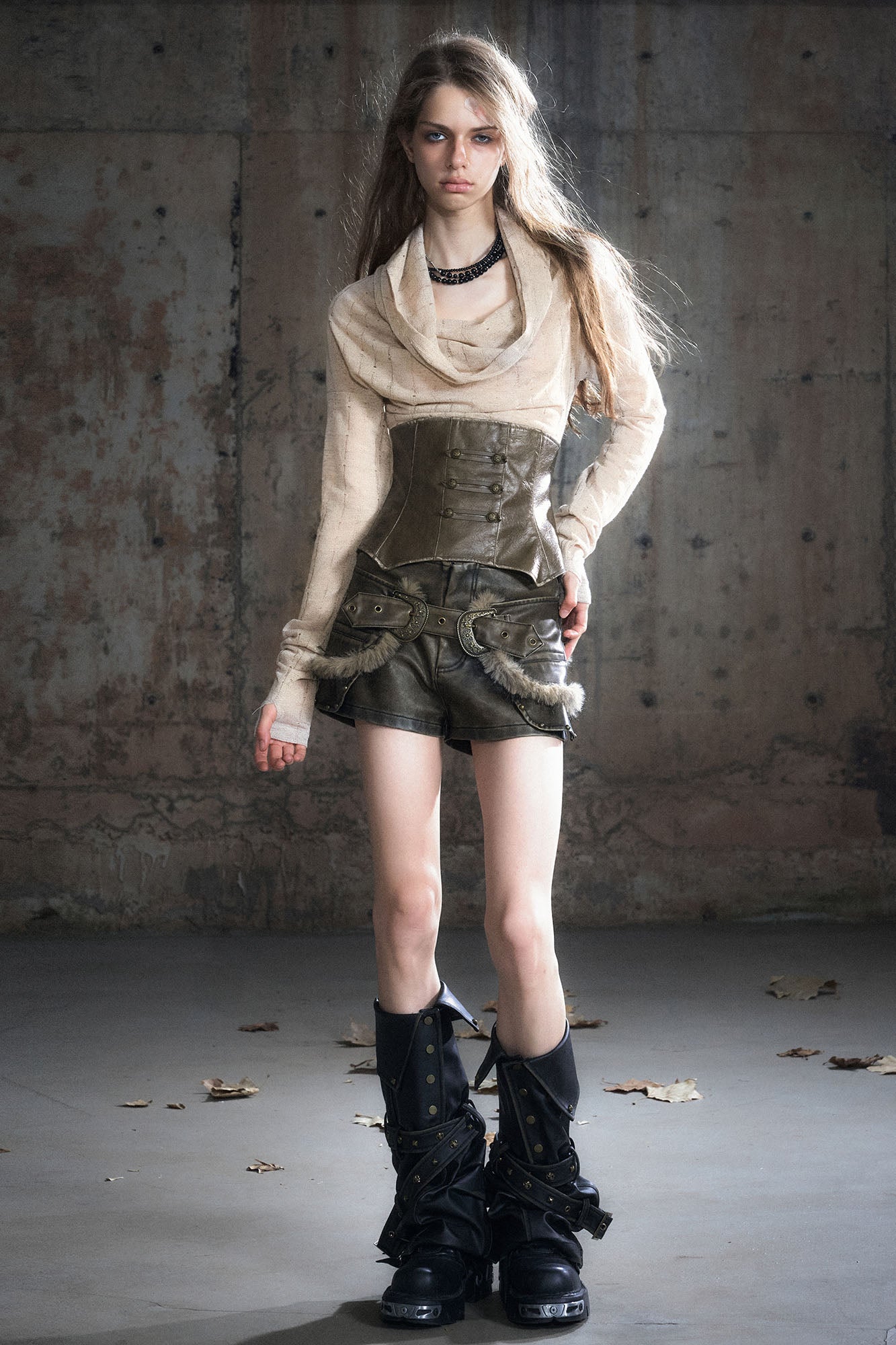 CESTNOUS Faux Leather Corset Draped Knit Top