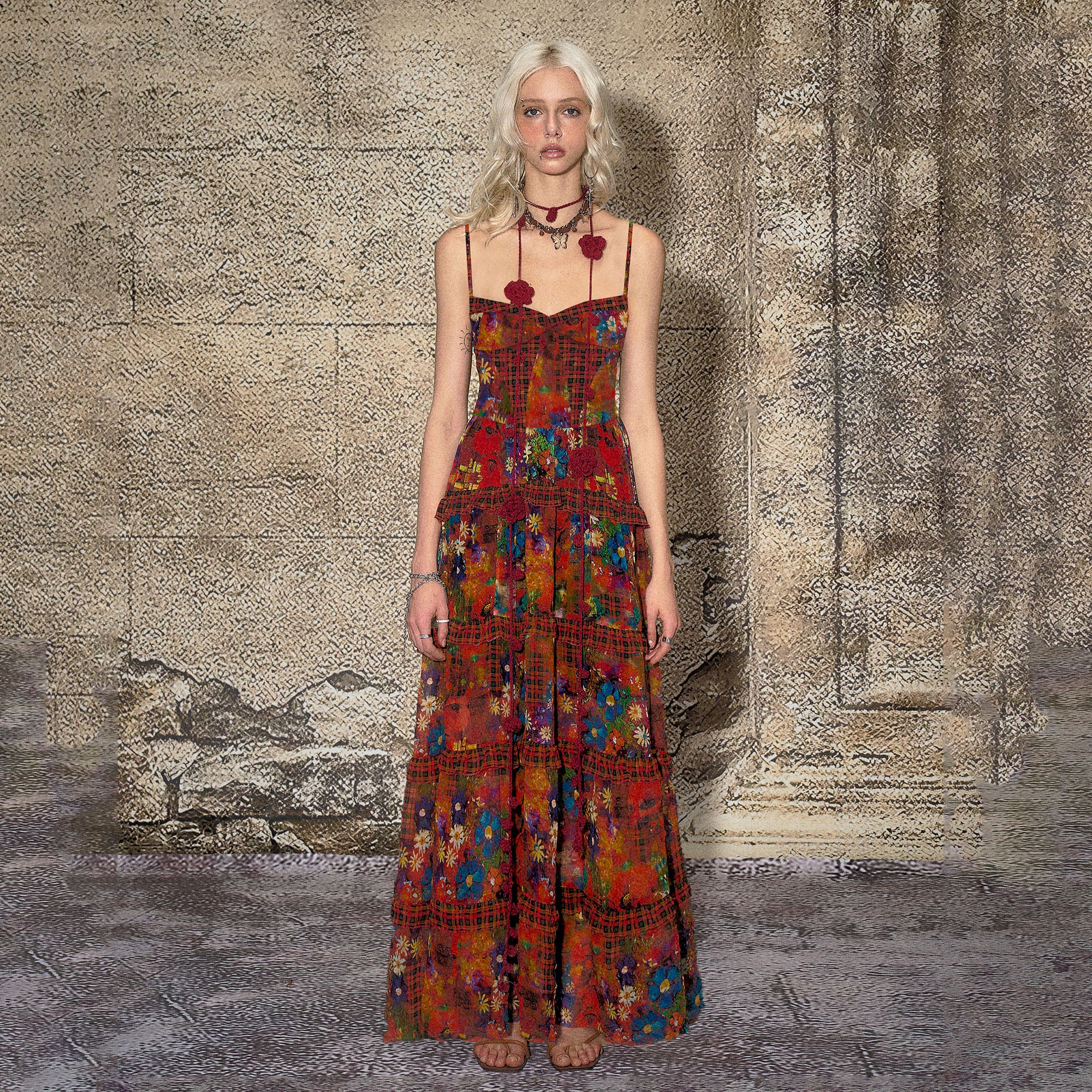 THE NEVERMORE Floral Plaid Tiered Maxi Dress