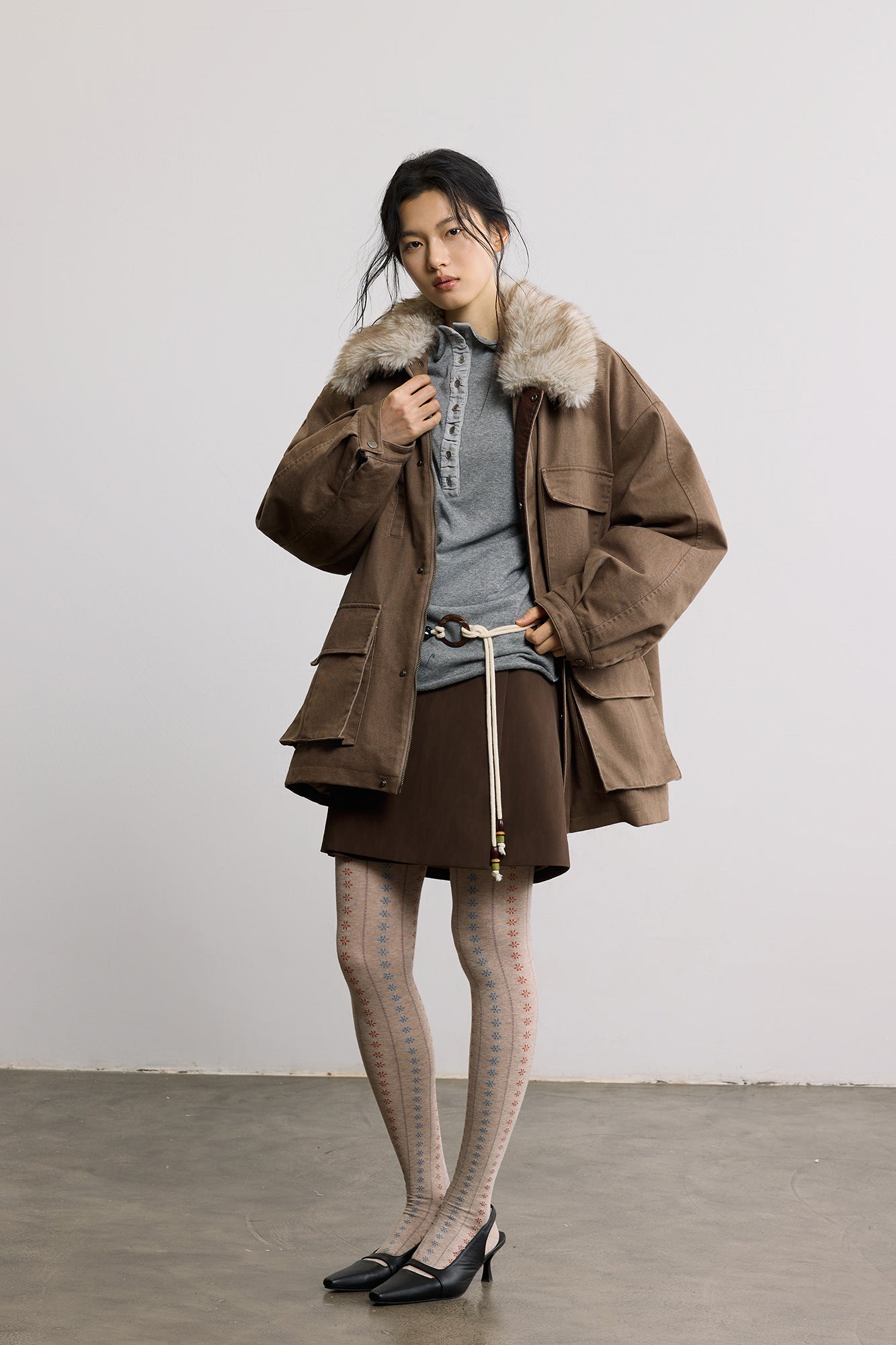 SAME FLOW Faux Fur Collar Oversized Utility Jacket