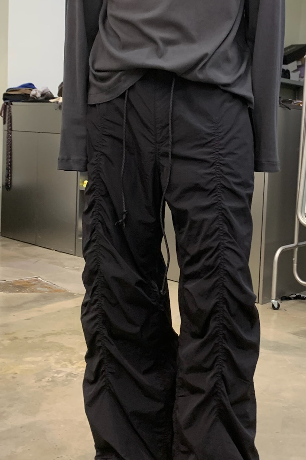NEVERSEEZ Drawstring Ruched Wide-Leg Utility Pants