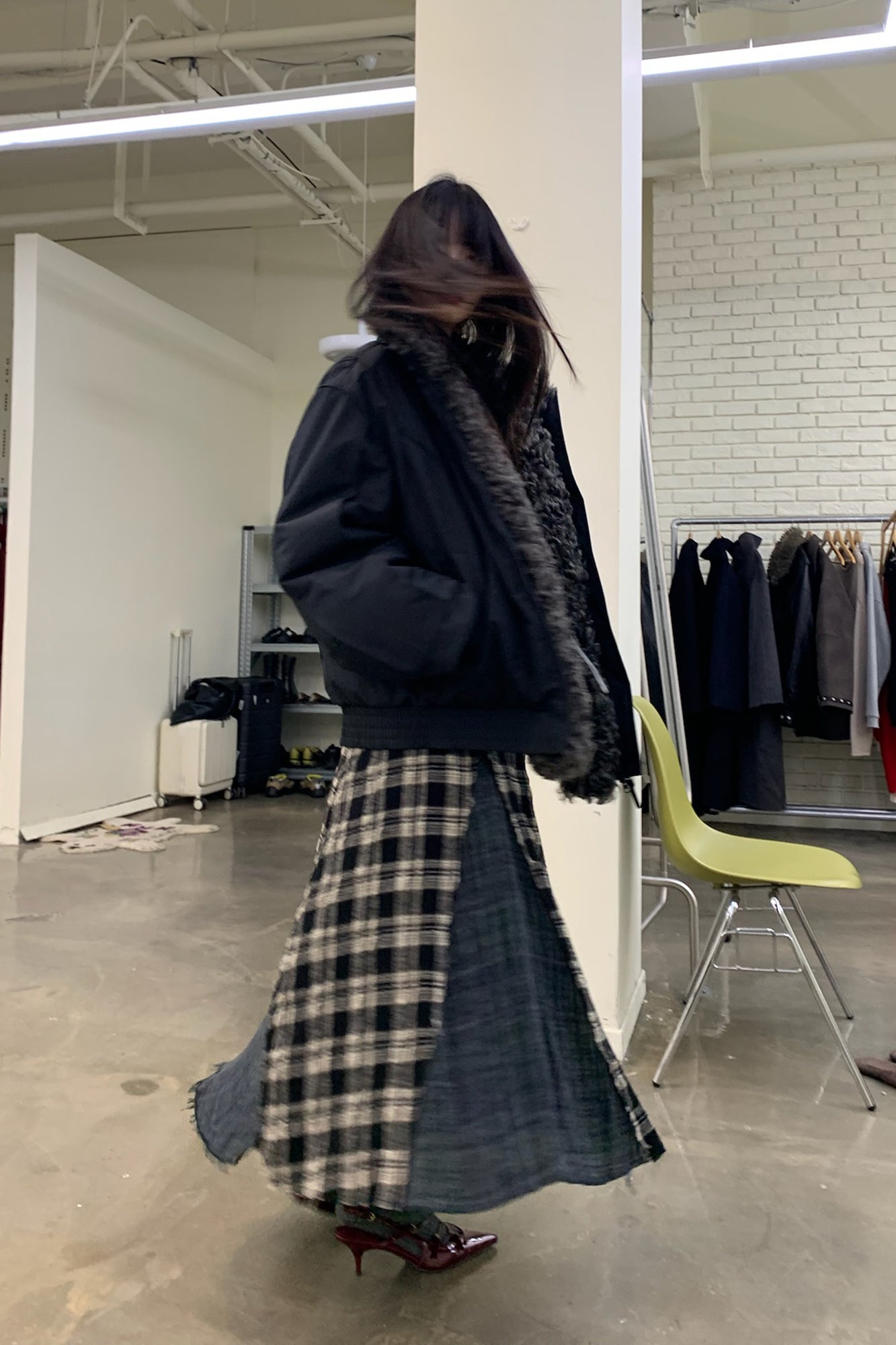 NEVERSEEZ Raw-Edge Plaid Panel Midi Skirt