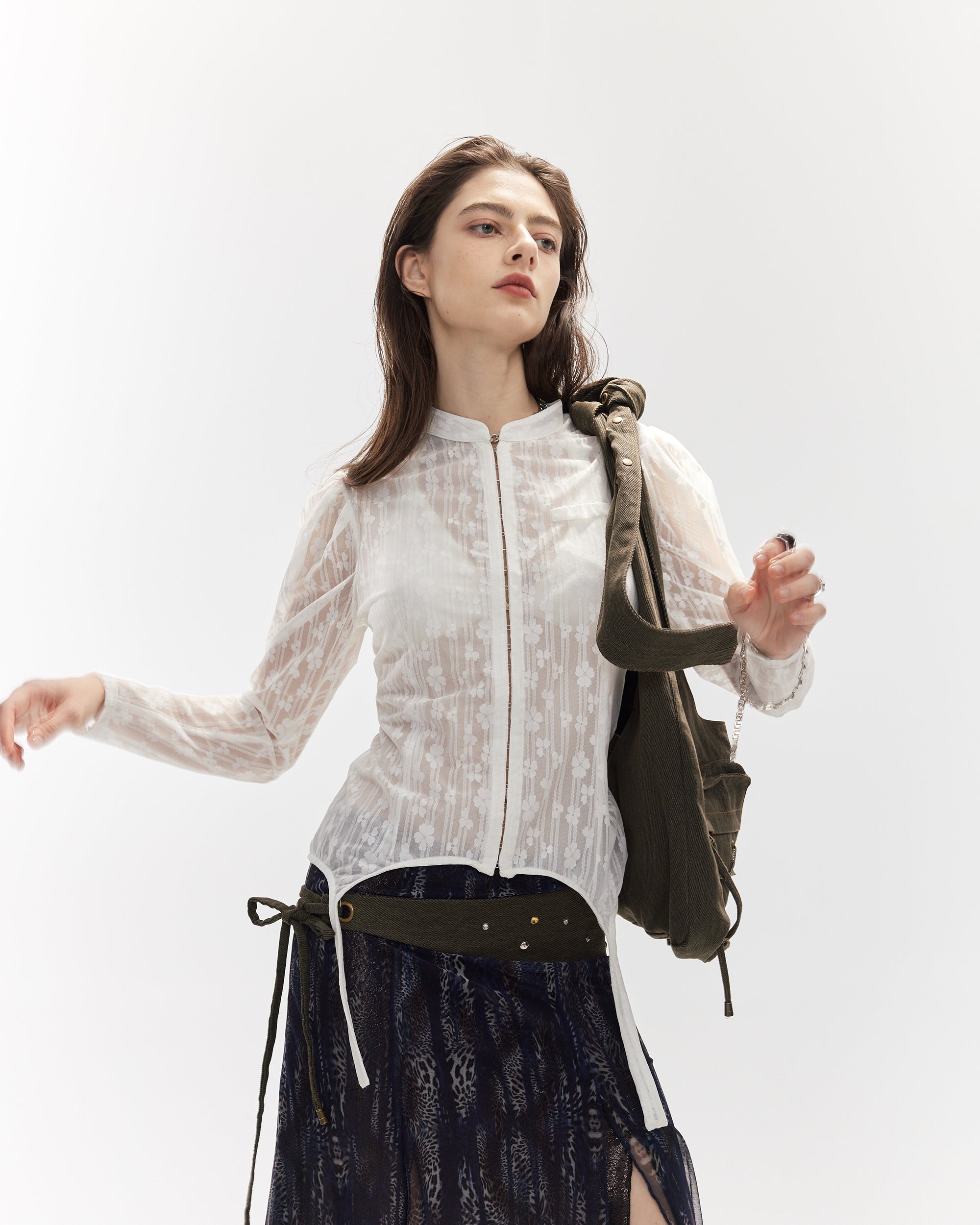 JIUWU PARK Lace Puff Sleeve Fitted Cardigan