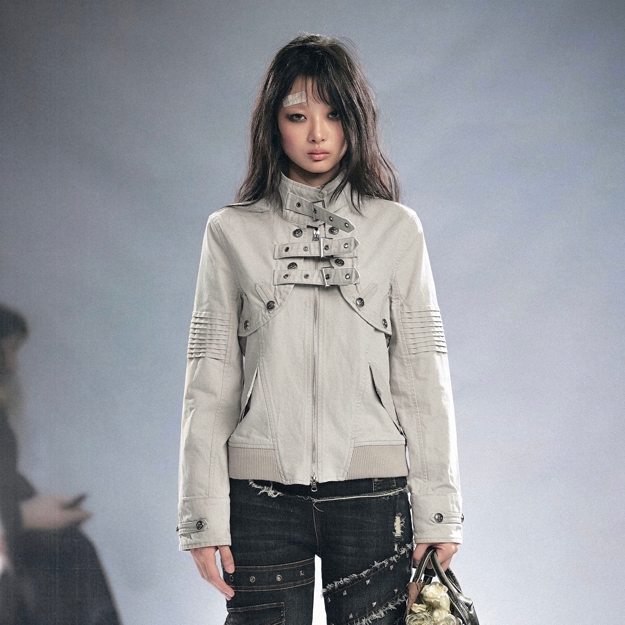CESTNOUS Detachable Buckle-Strap Lace-Up Back Jacket