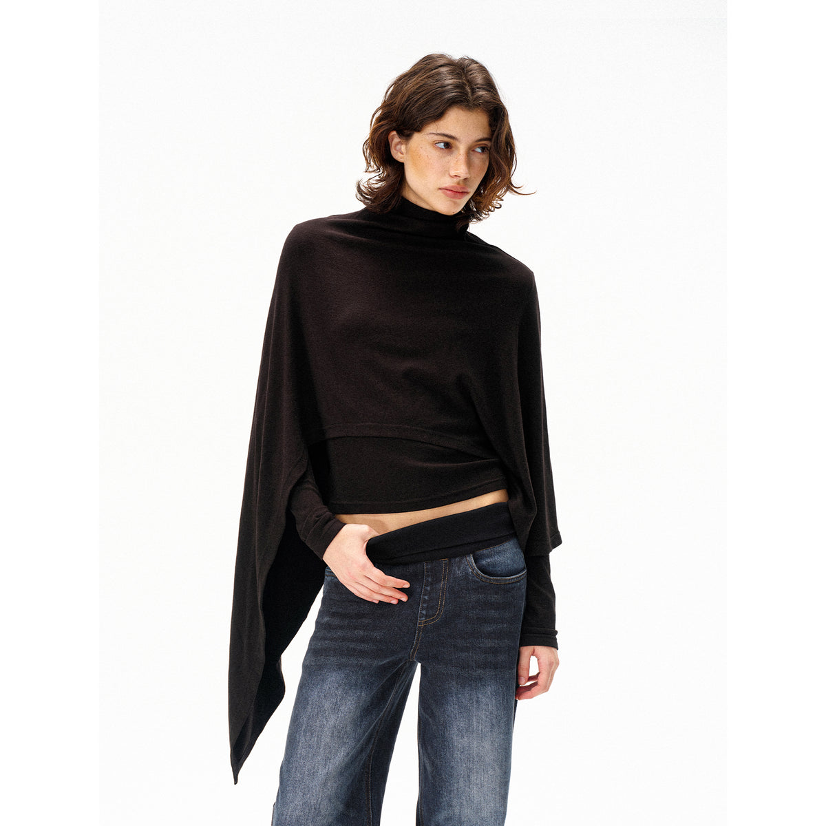 COSTUSTOOT Cape-Style Asymmetric Layered Knit Long-Sleeve Tee