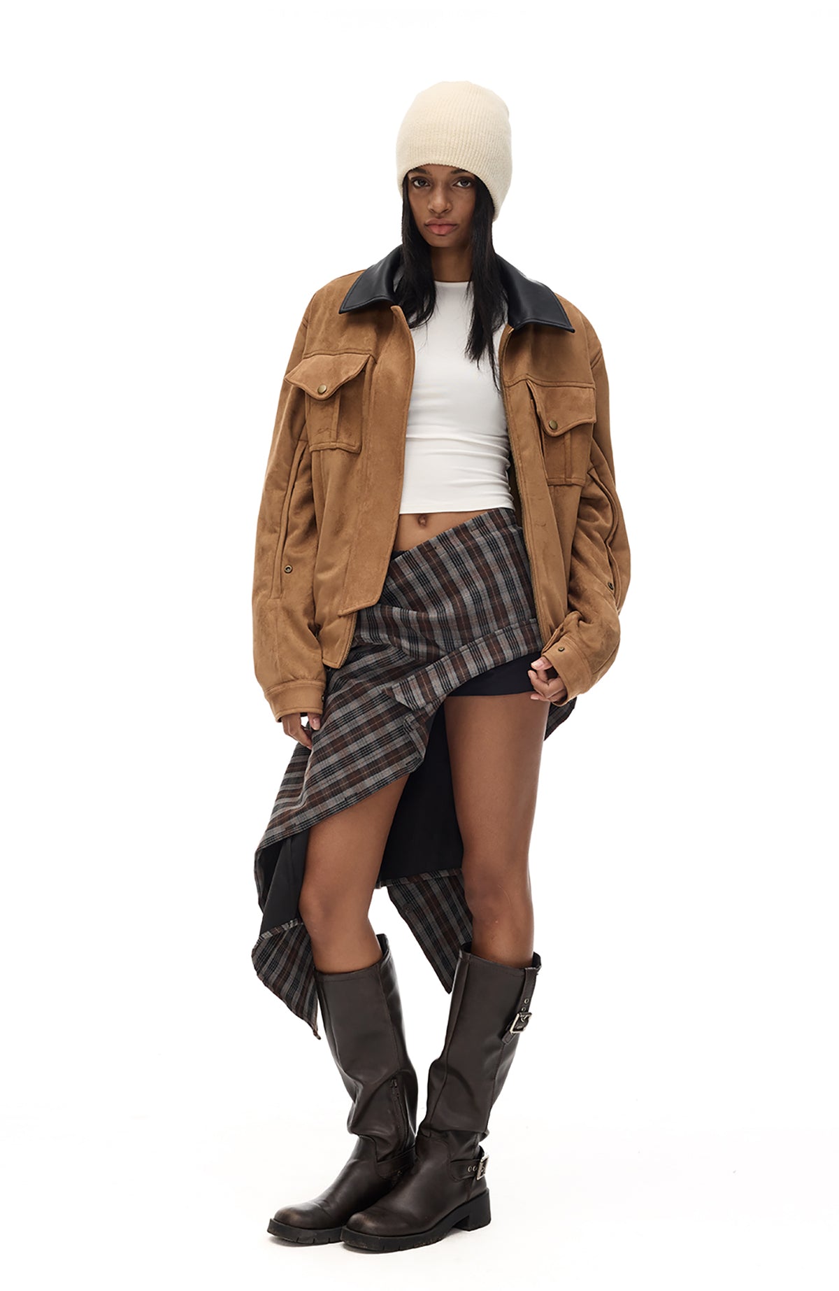 COSTUSTOOT Contrast-Collar Suede Oversized Big-Pocket Jacket