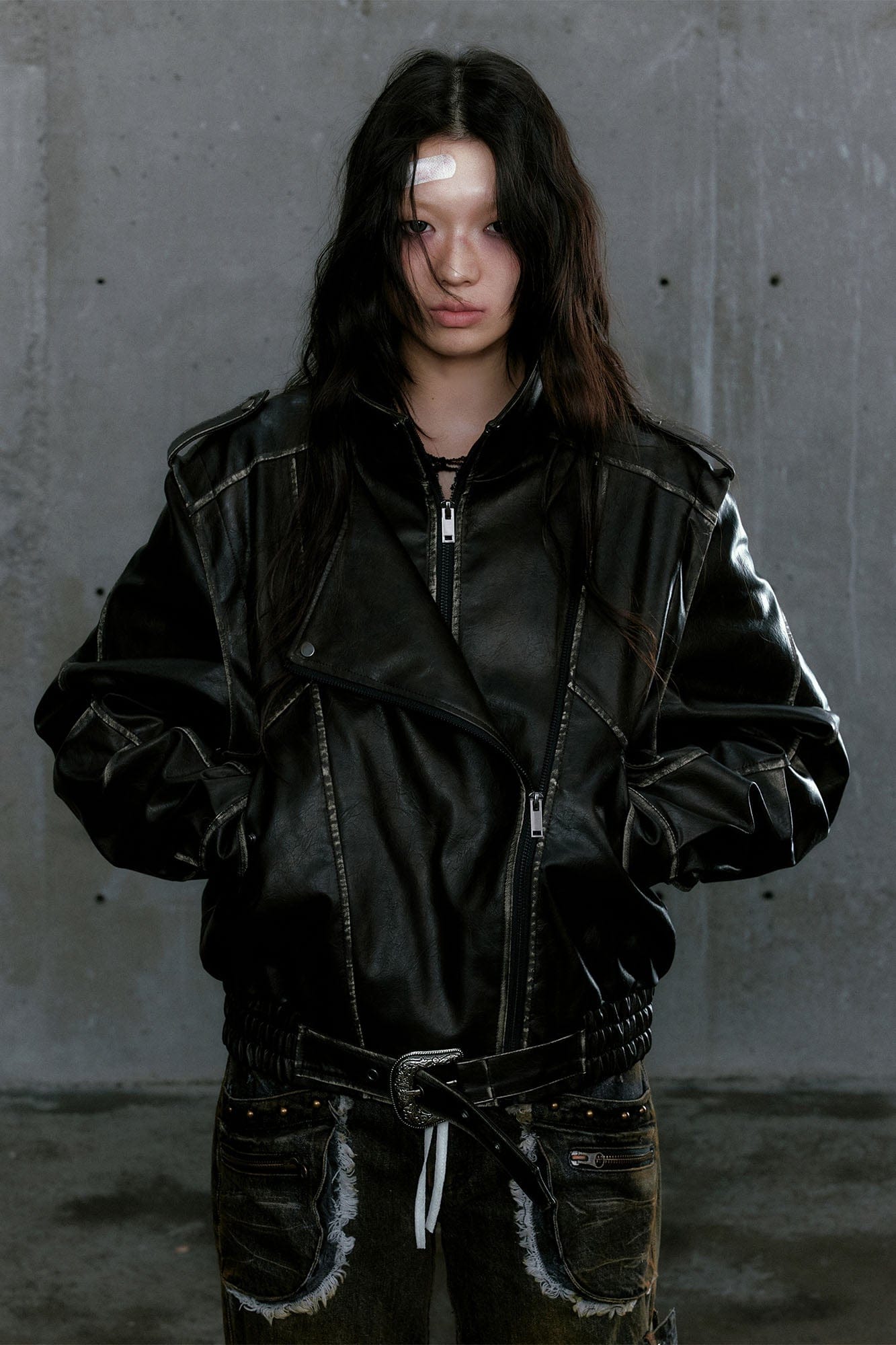 CESTNOUS Distressed Dual-Zip Faux Leather Biker Jacket