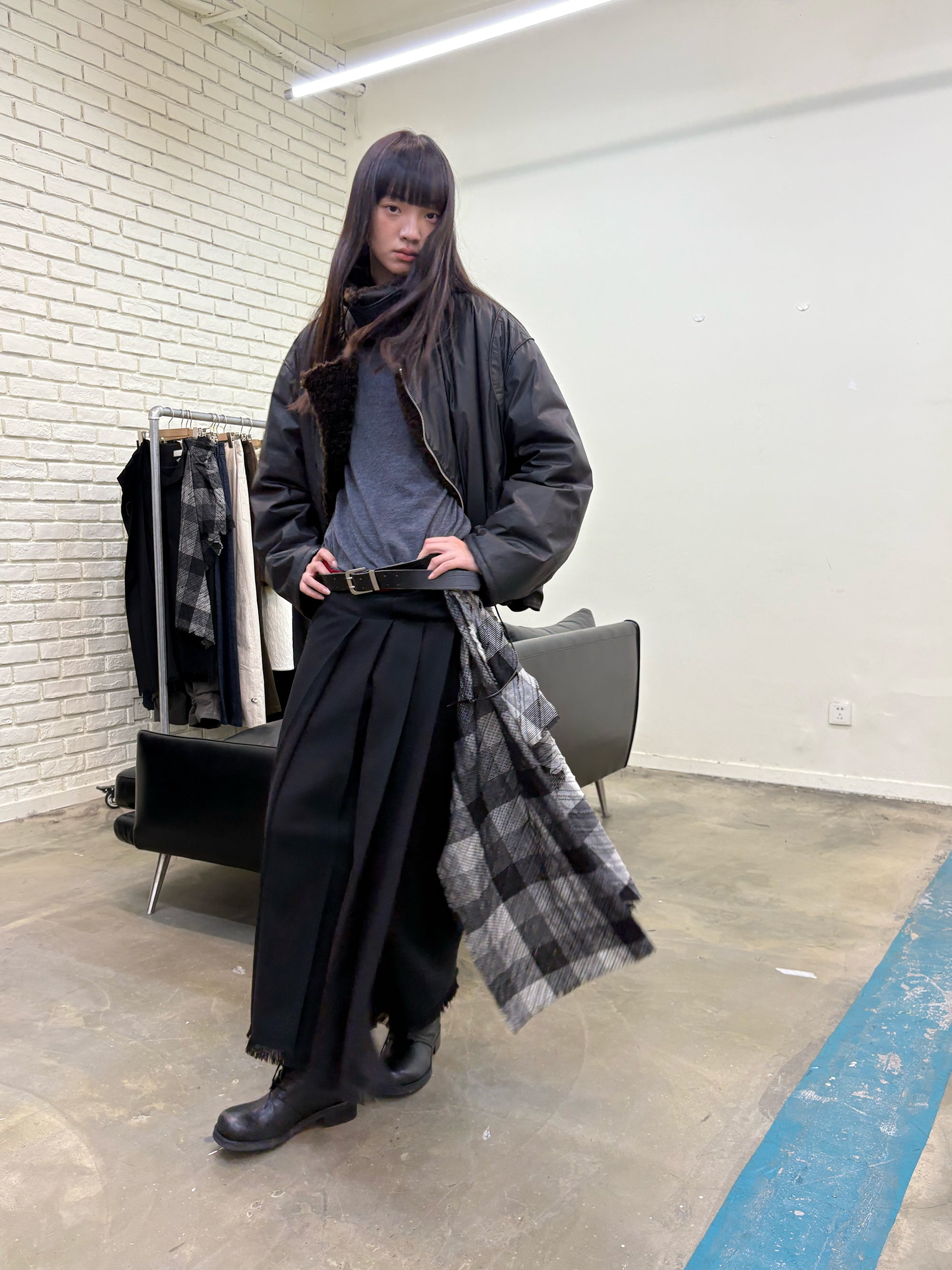 NEVERSEEZ Detachable Plaid Sash Spliced Pleated Maxi Skirt